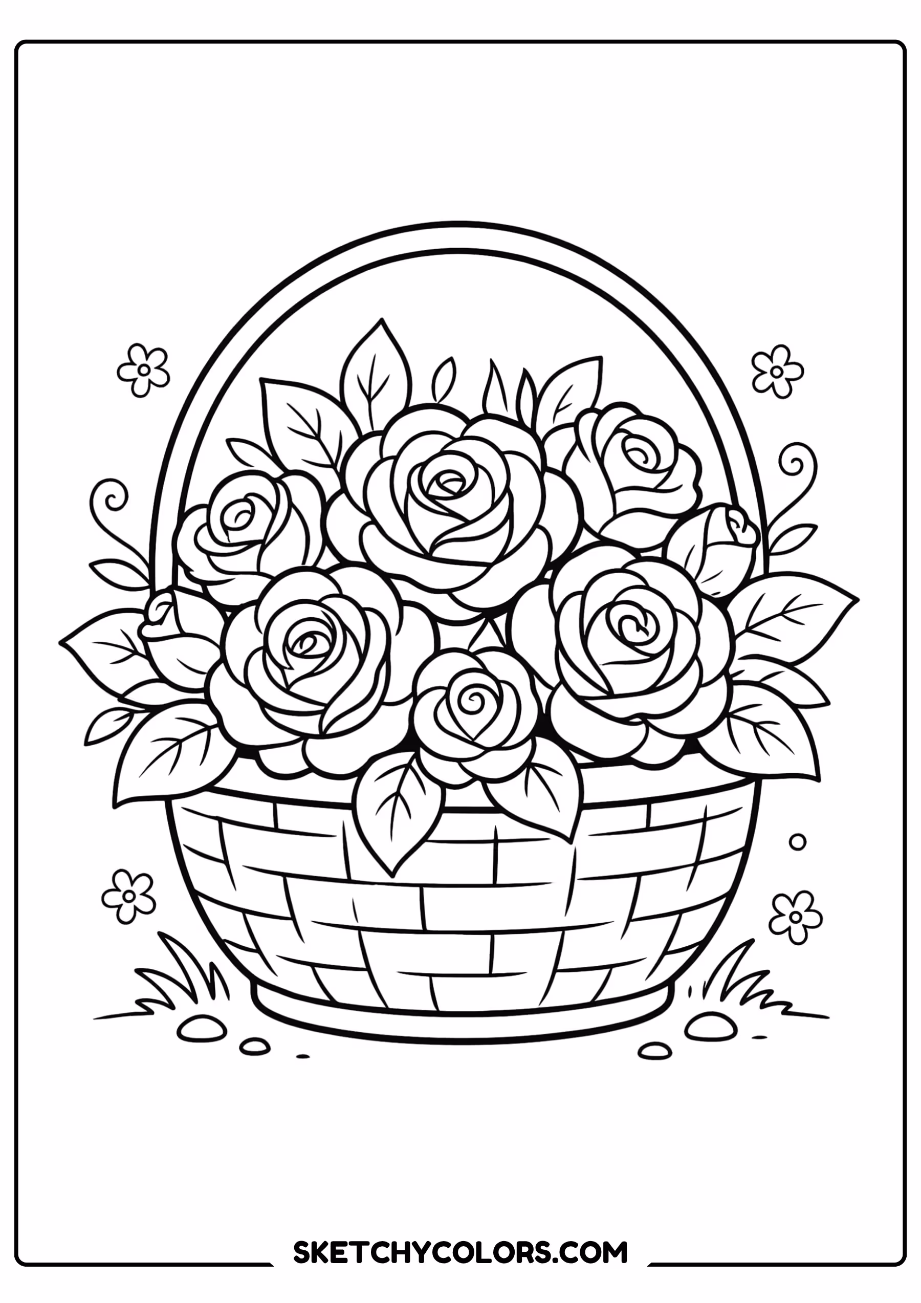 rose coloring page basket filled roses woven design free printable for kids