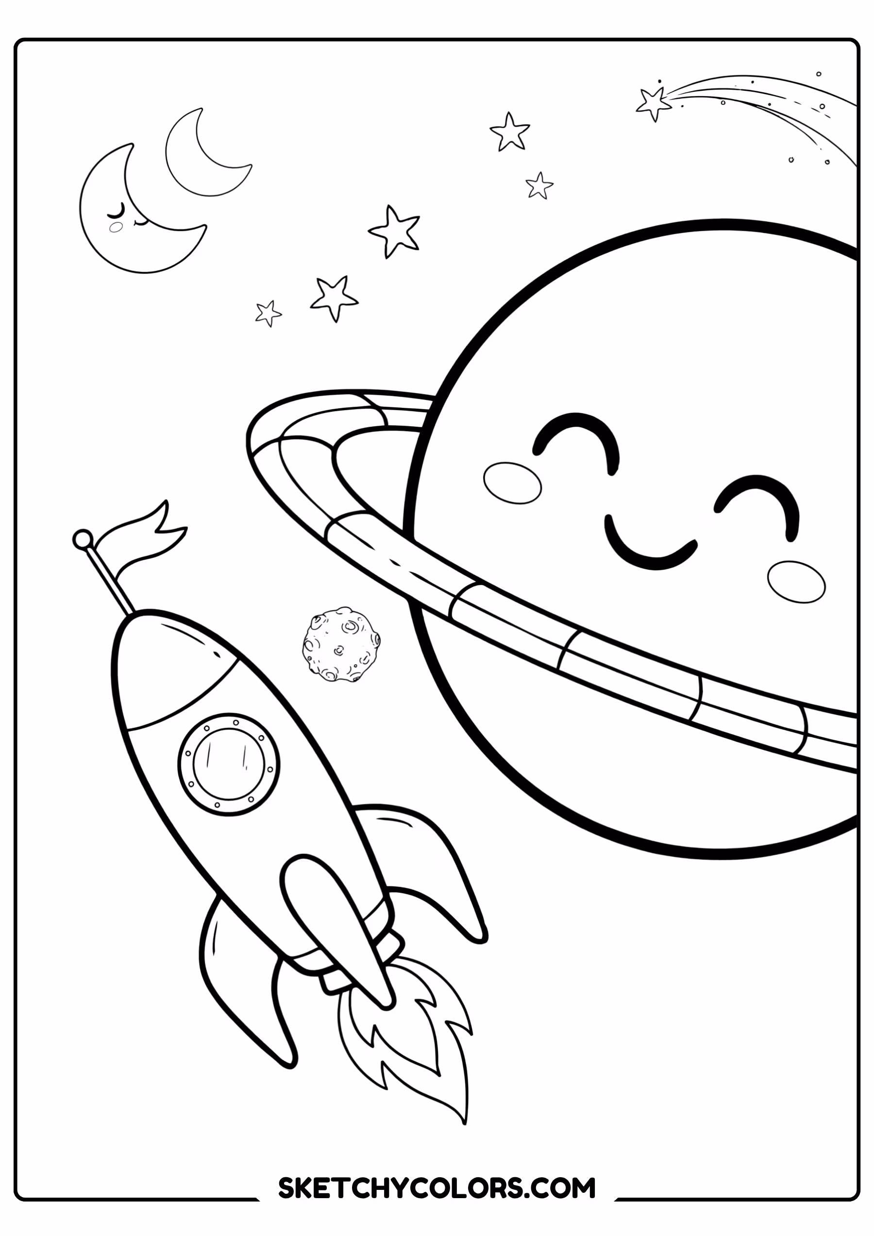 space coloring page rocket smiling planet moons free printable for kids