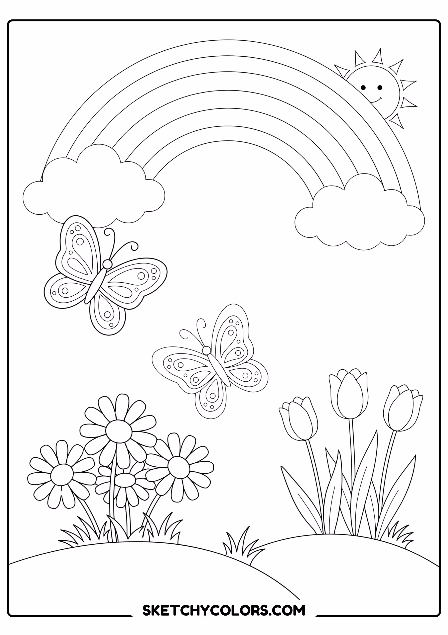 spring coloring page rainbow flower field butterflies free printable for kids