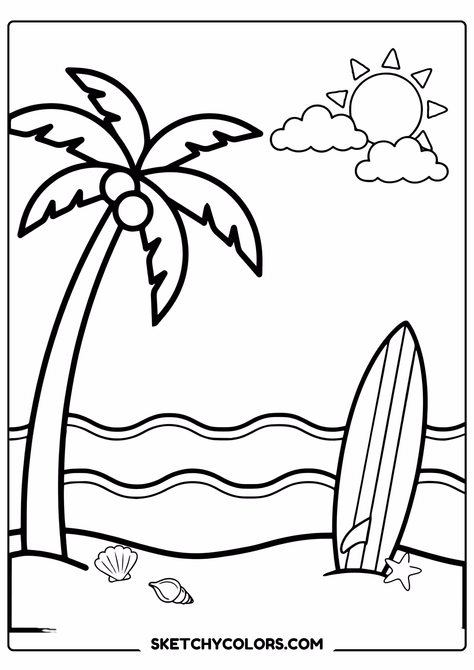 summer coloring page tropical beach palm trees surfboard free printable for kids