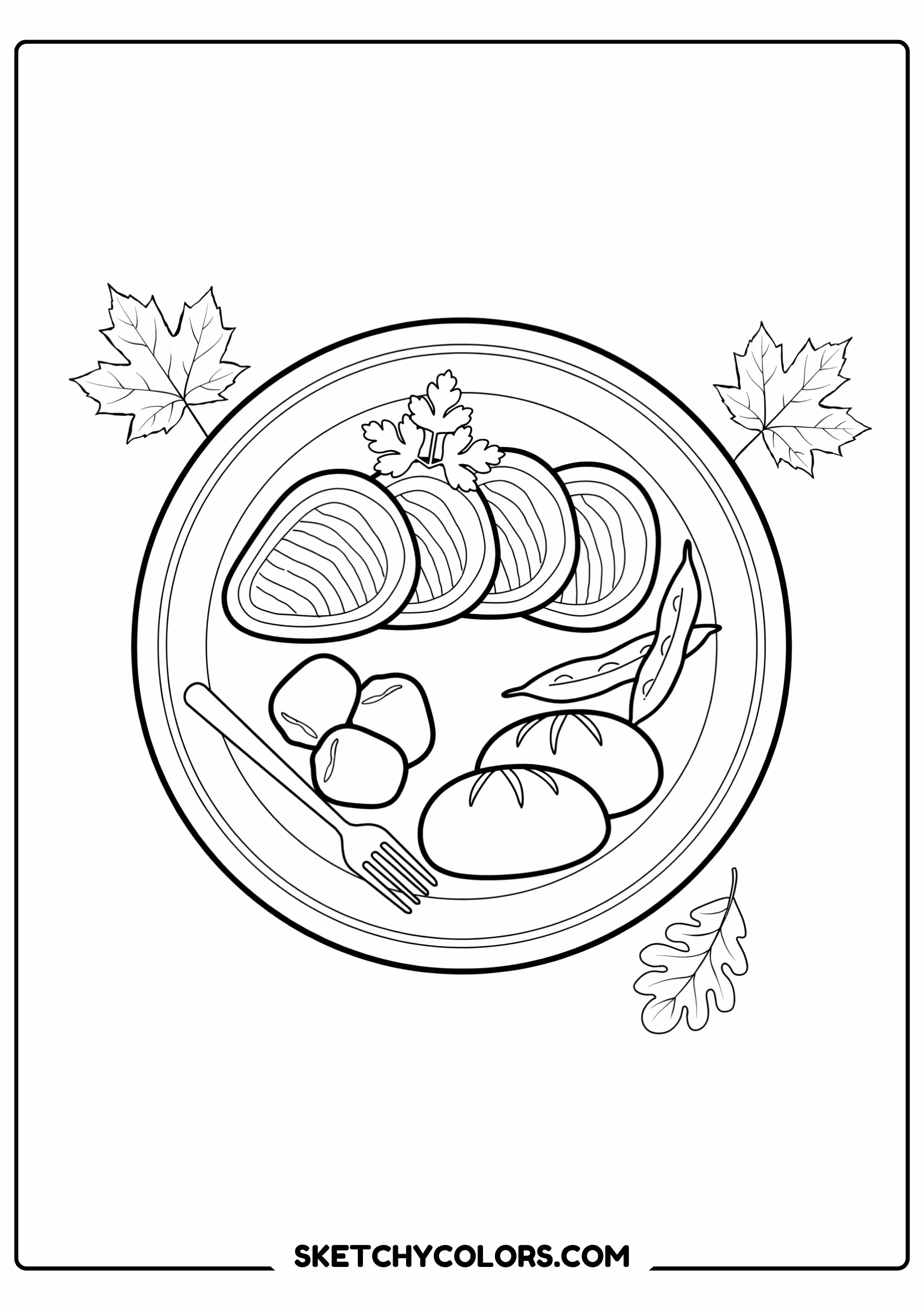 thanksgiving coloring page dinner plate turkey vegetables free printable for kids