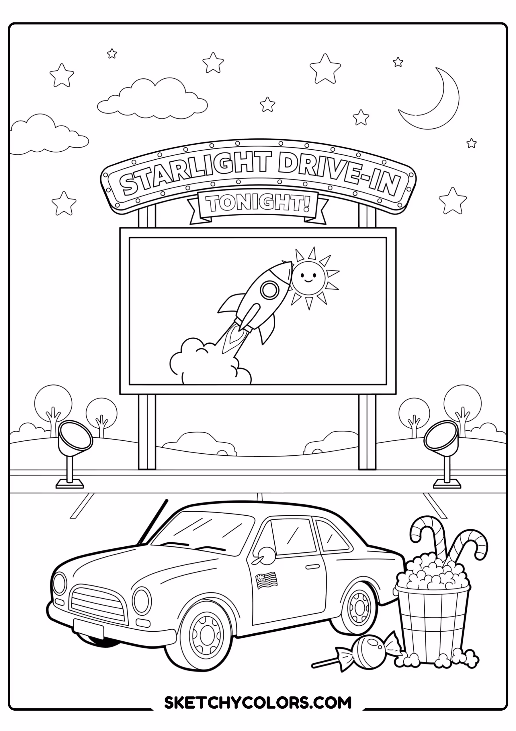 car drive-in movie car free printable coloring sheet