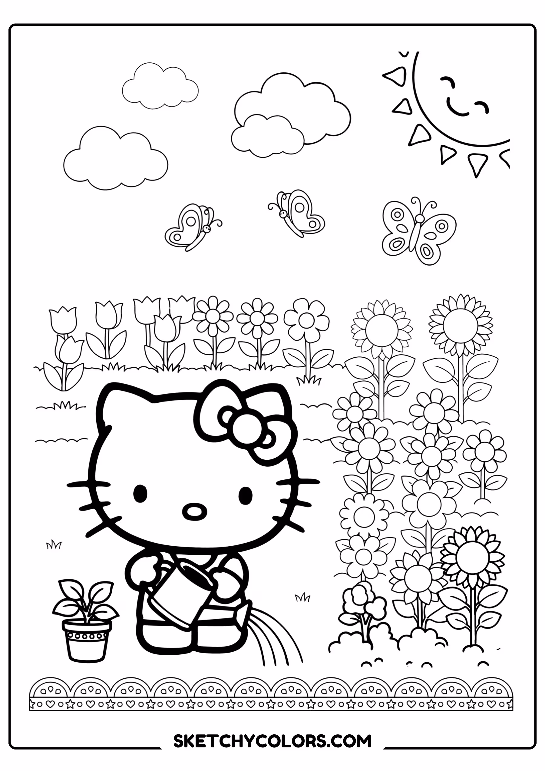 hello kitty garden planting free printable coloring sheet