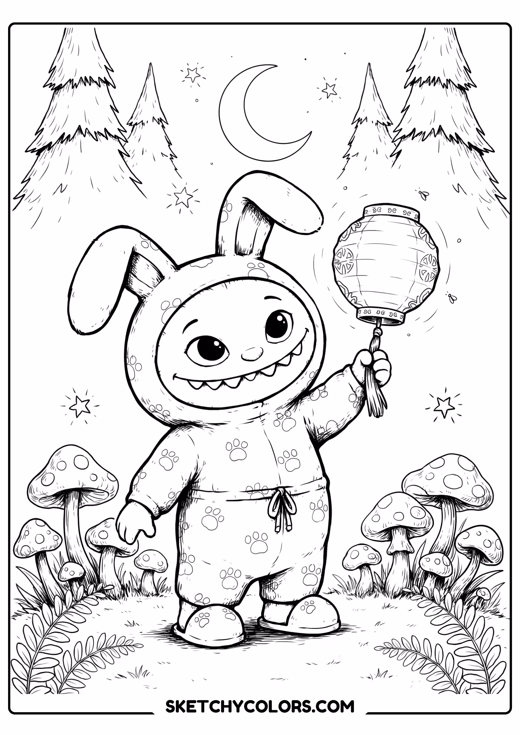labubu in bunny pajamas free printable coloring sheet