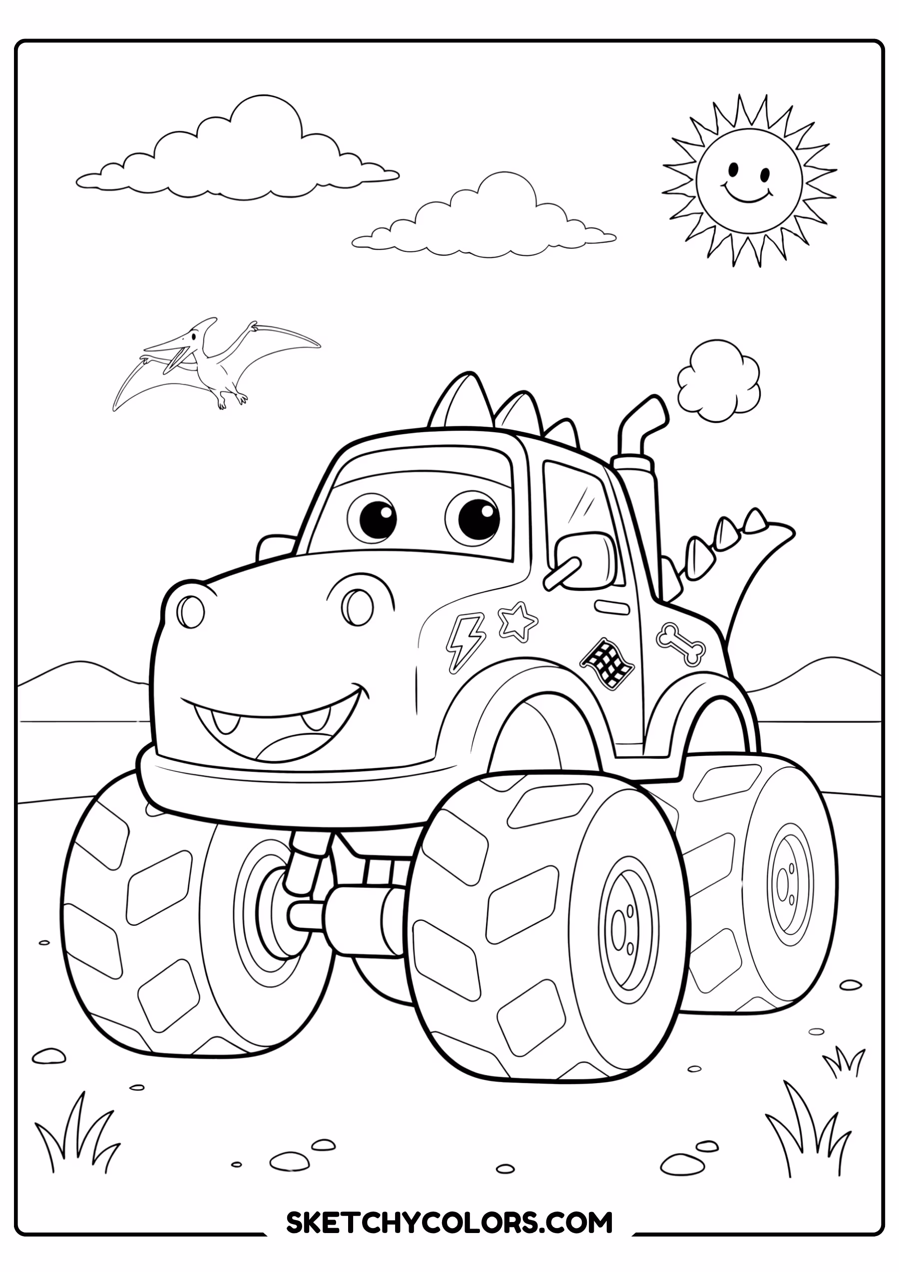 monster truck dinosaur monster truck free printable coloring sheet