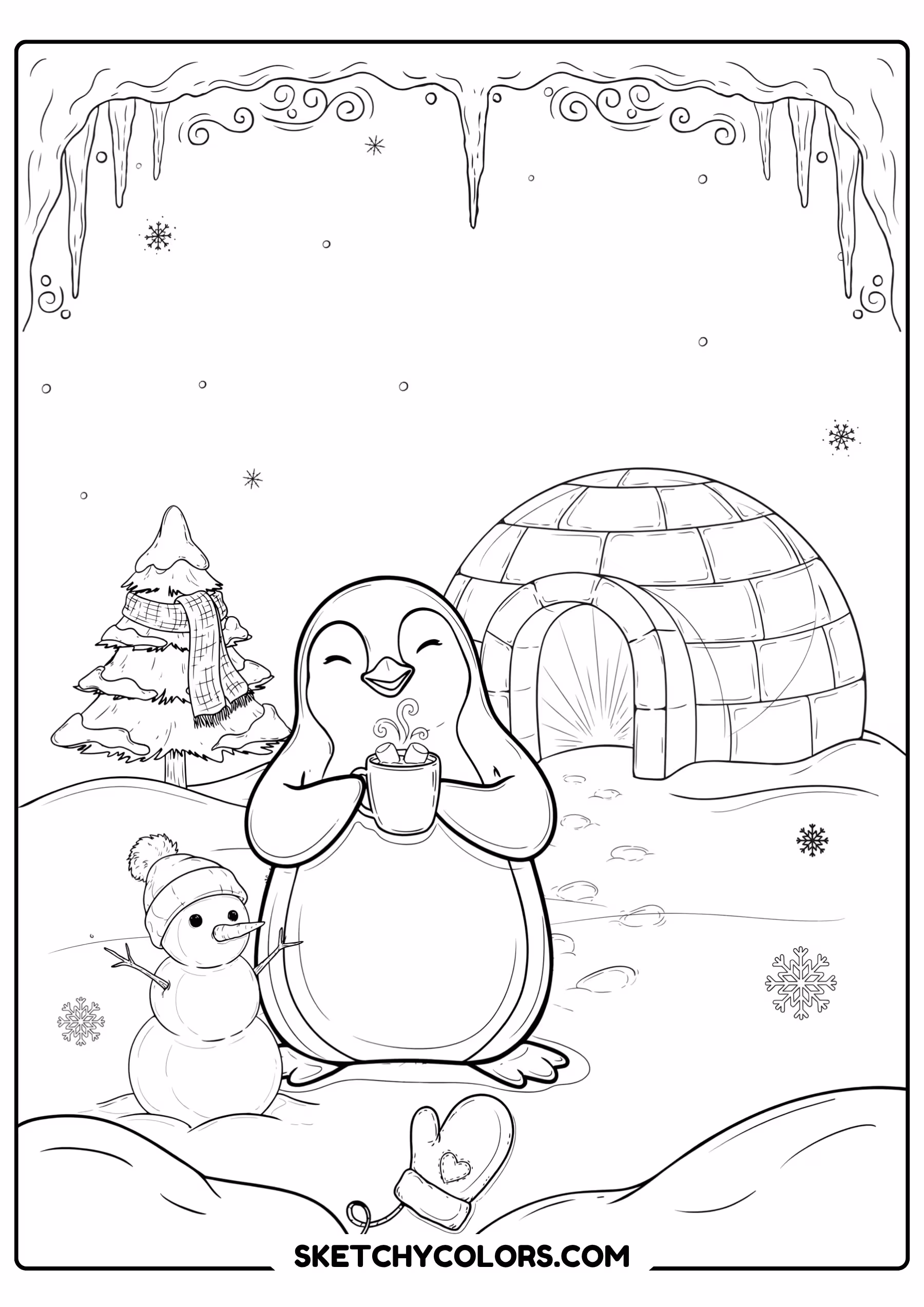 penguin with hot cocoa free printable coloring sheet
