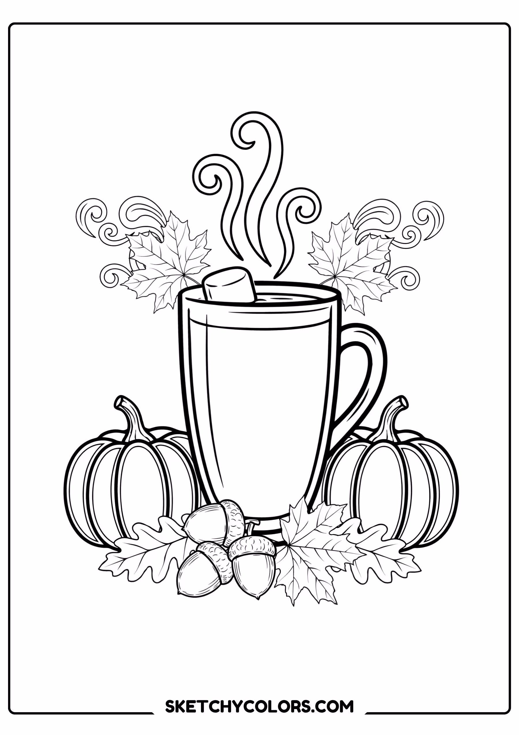 autumn coloring page hot cocoa cup pumpkins leaves free printable pdf