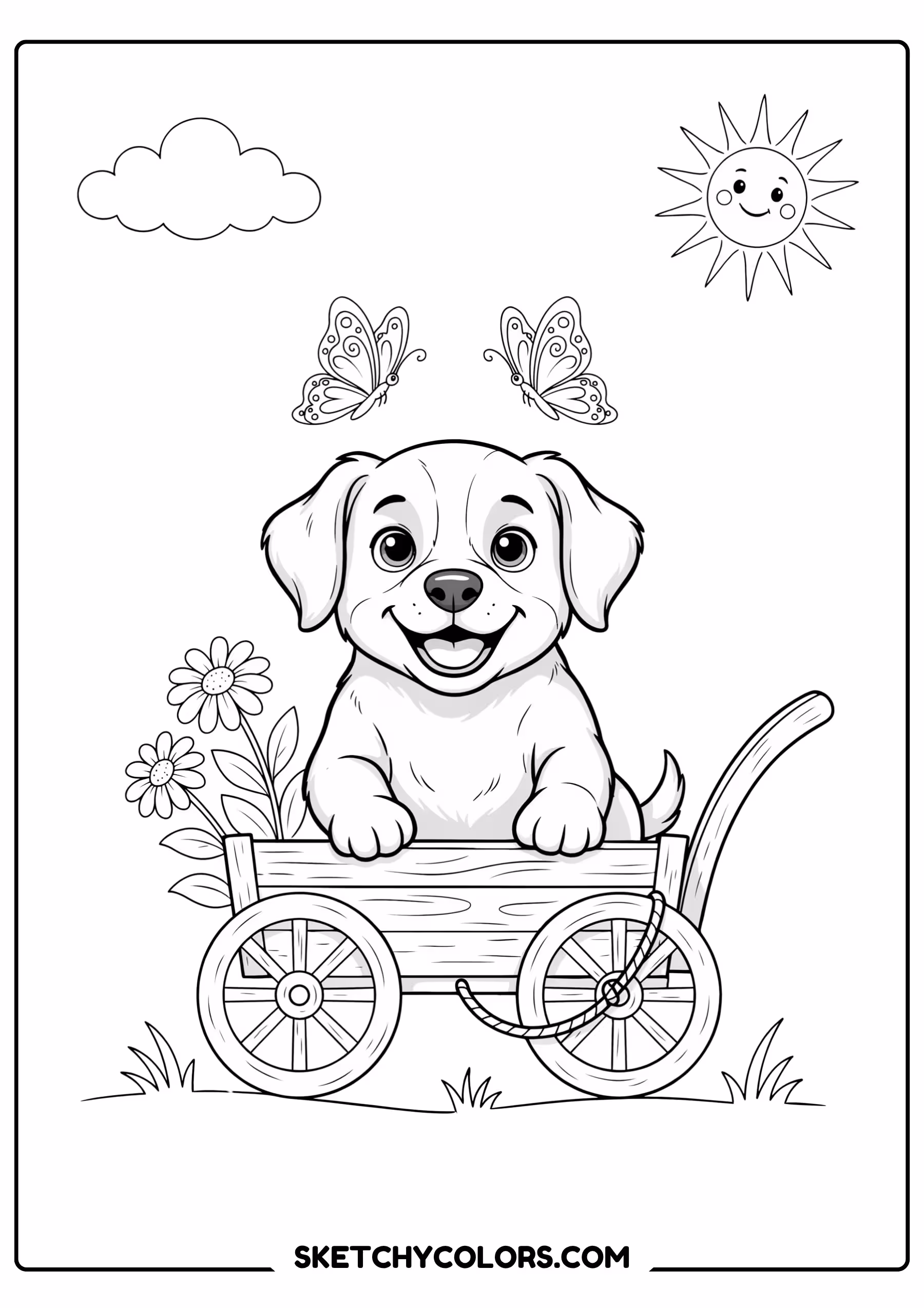 dog coloring page puppy riding wagon free printable pdf