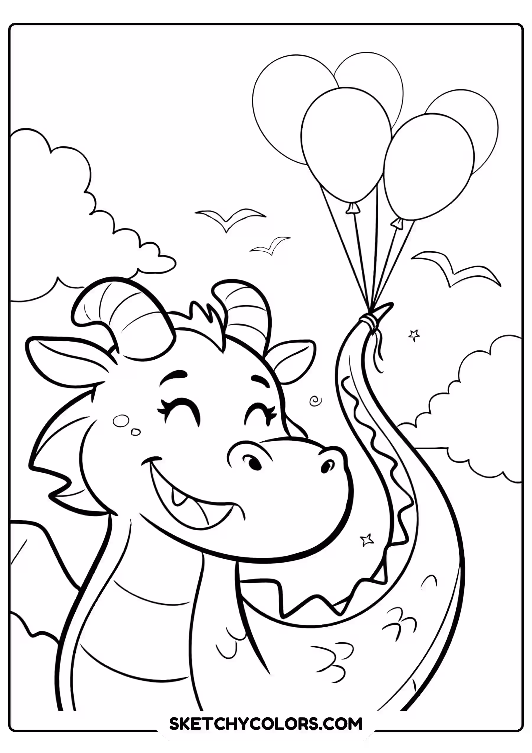 dragon coloring page balloons sky clouds cheerful free printable pdf