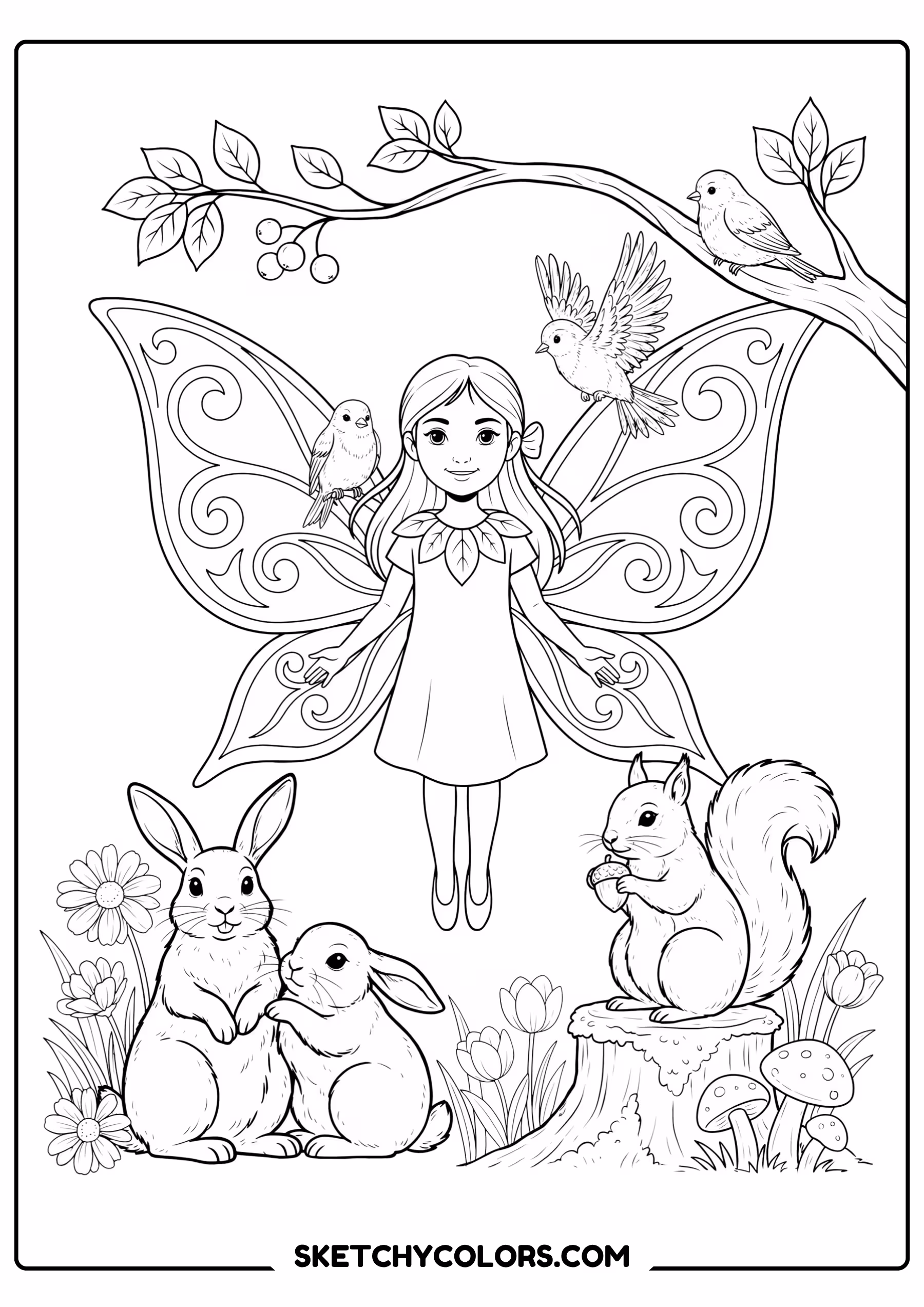 fairy coloring page woodland animals rabbits squirrels birds free printable pdf