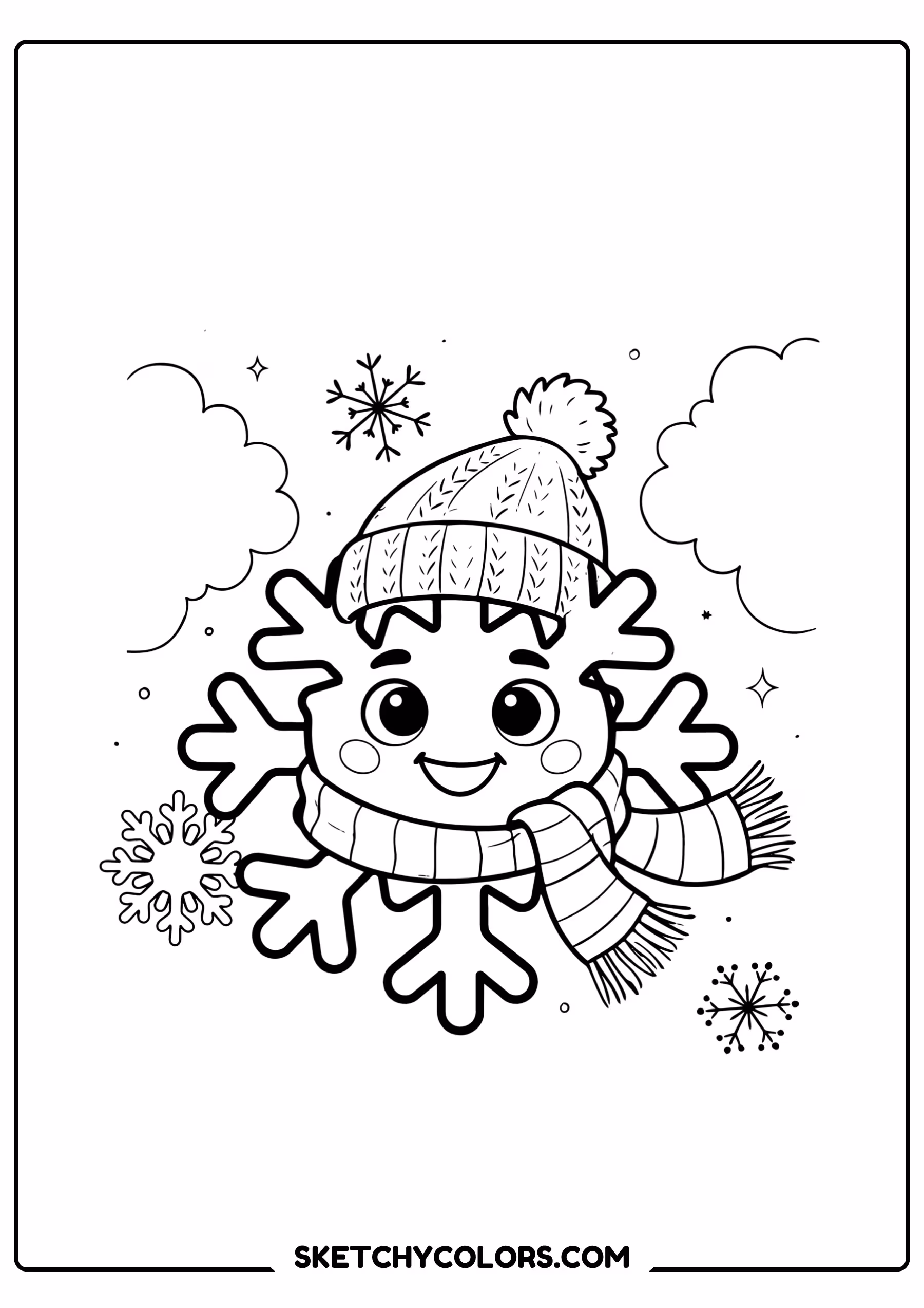 january coloring page snowflake character hat scarf free printable pdf
