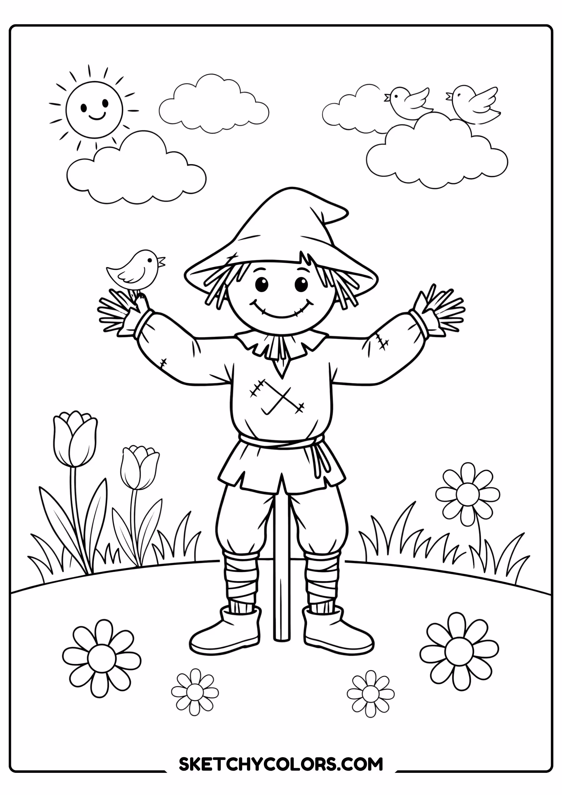 march coloring page spring scarecrow flowers birds free printable pdf