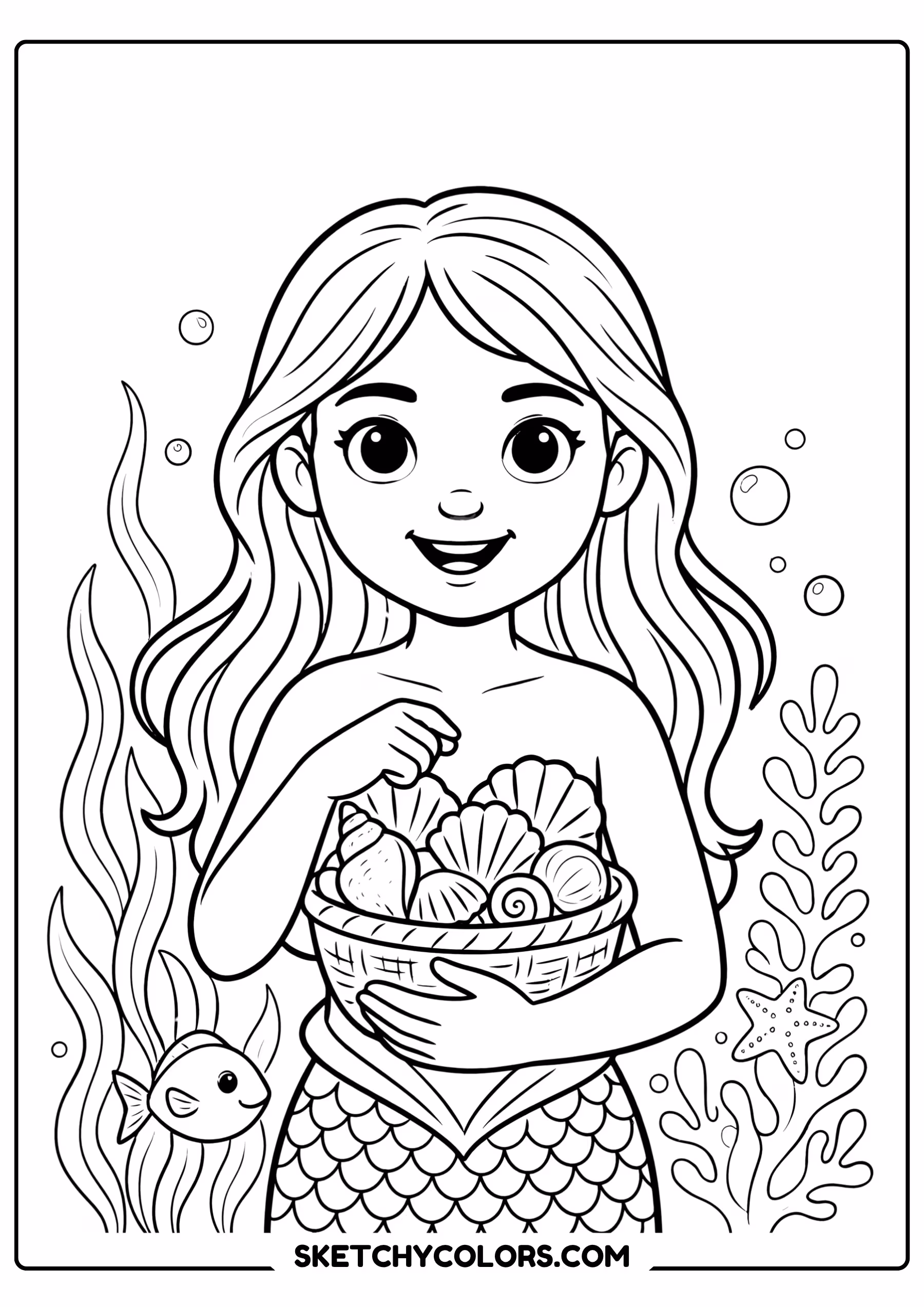 mermaid coloring page seashell basket underwater plants free printable pdf