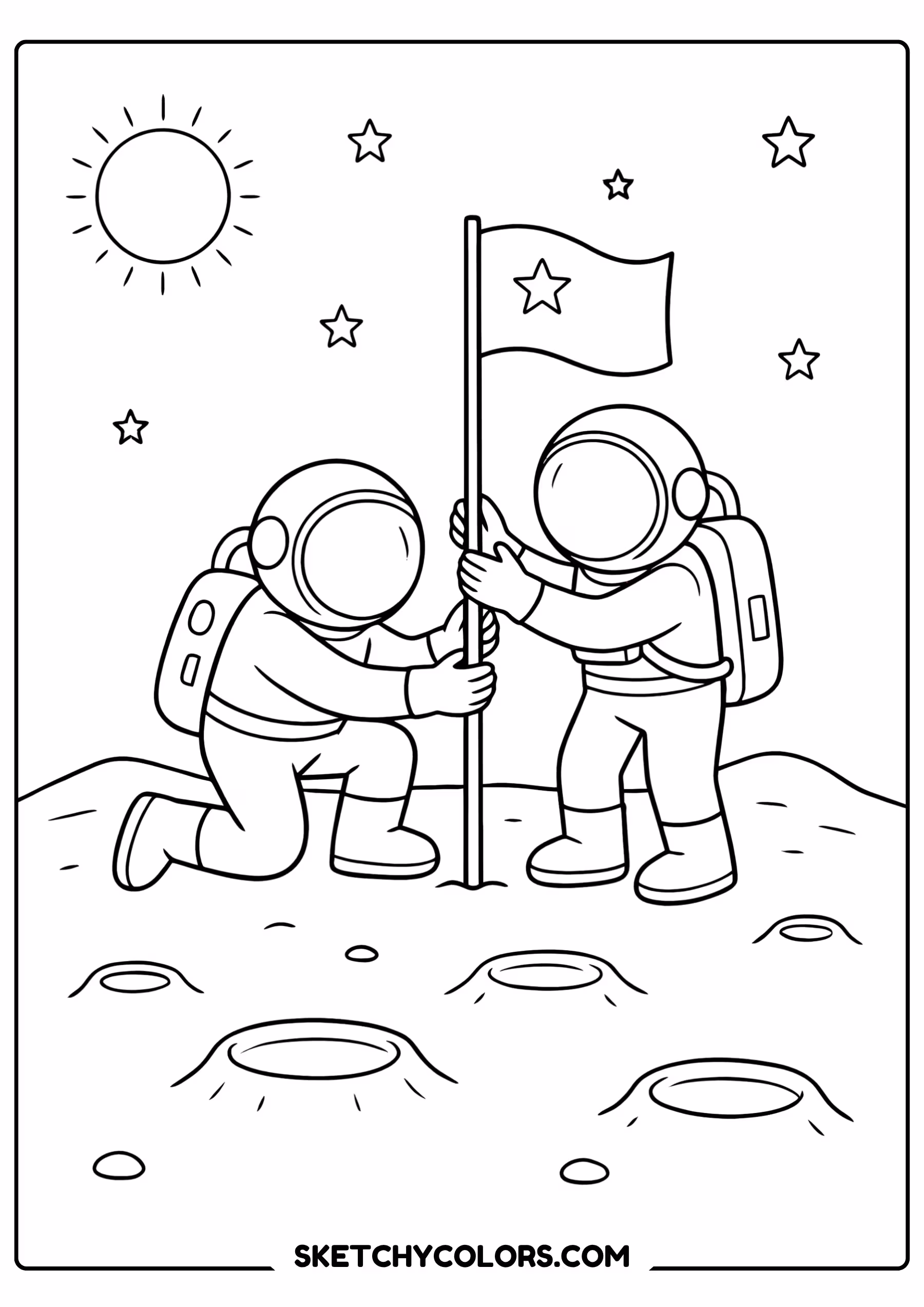 solar system coloring page astronauts moon flag free printable pdf