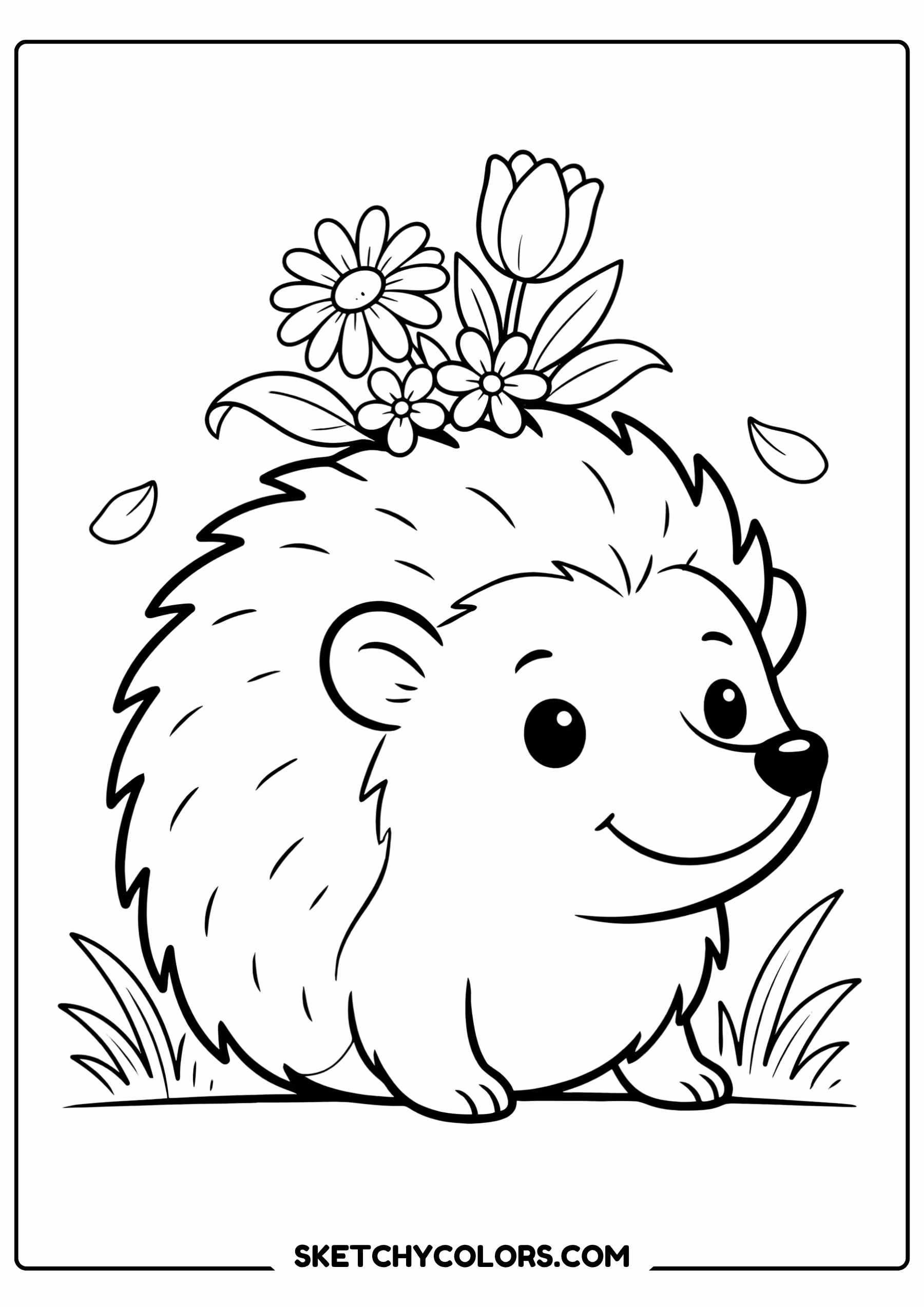 spring coloring page hedgehog carrying flowers free printable pdf
