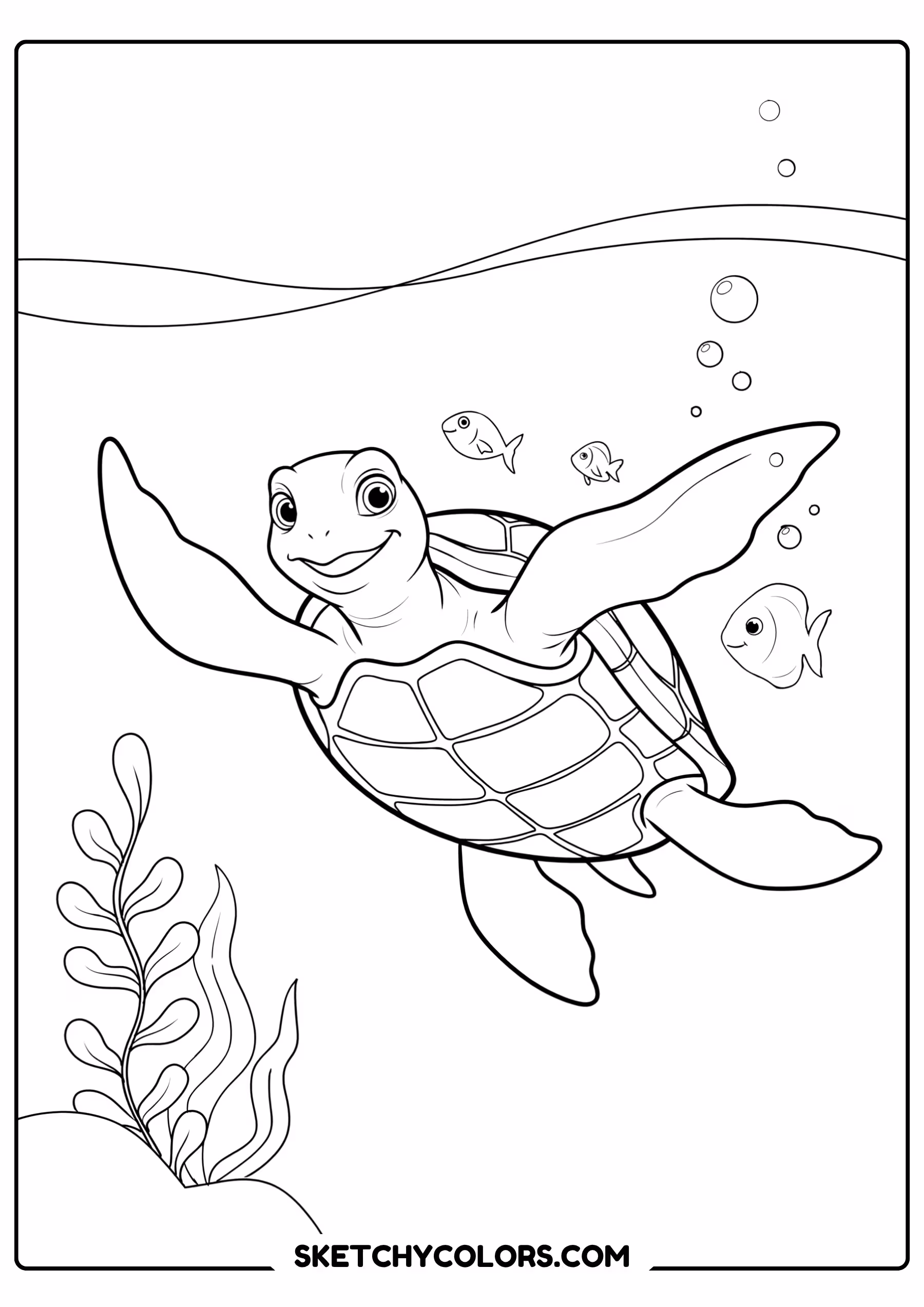 summer coloring page sea turtle swimming underwater fish free printable pdf