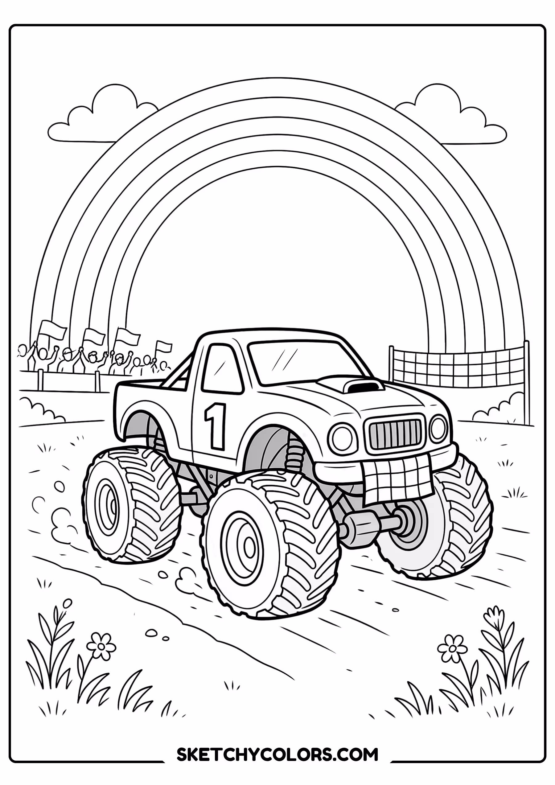 monster truck under a rainbow printable for kids pdf
