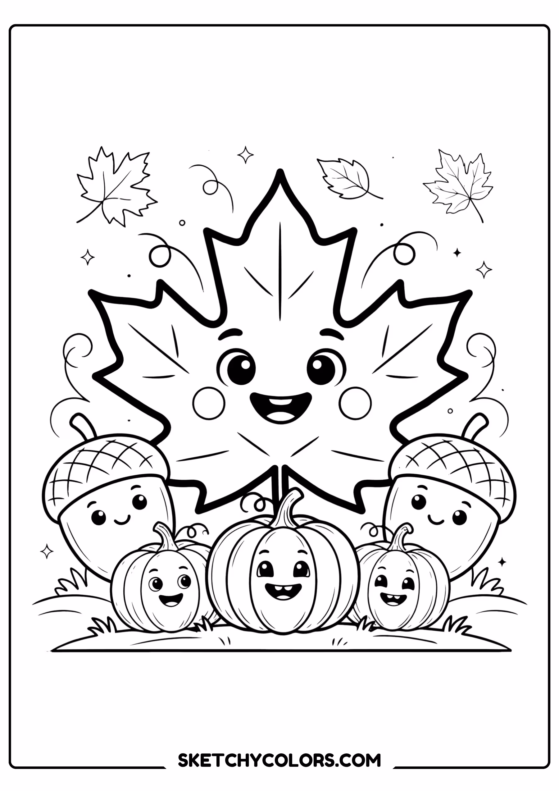 autumn coloring page maple leaf character smiling acorns free printable for kids