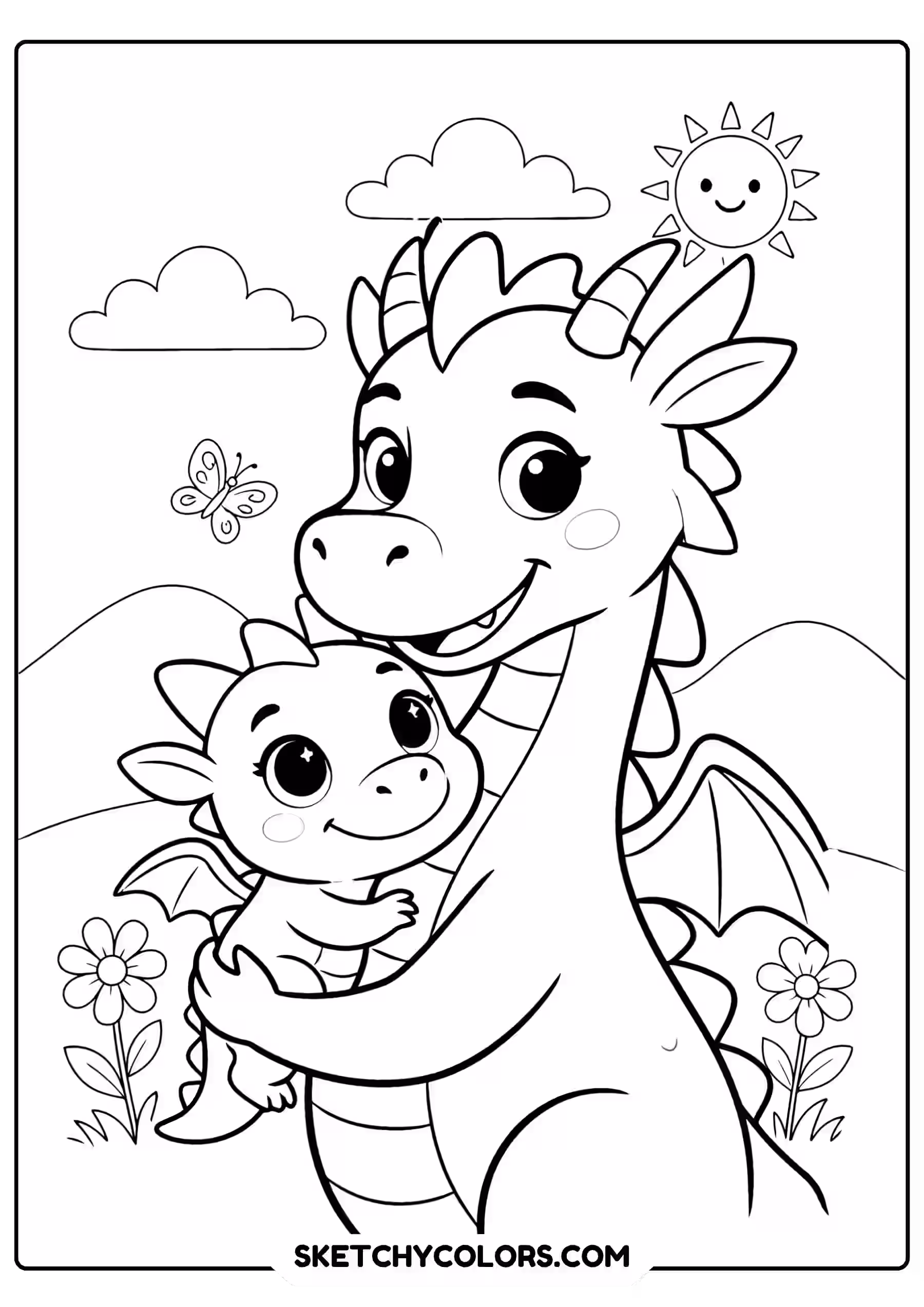 dragon coloring page dragon family parent baby landscape free printable for kids
