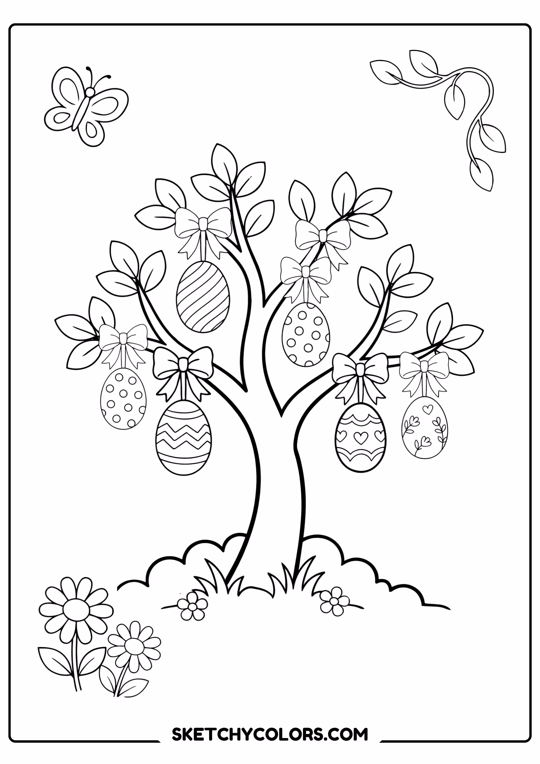 easter coloring page egg tree hanging bows free printable for kids