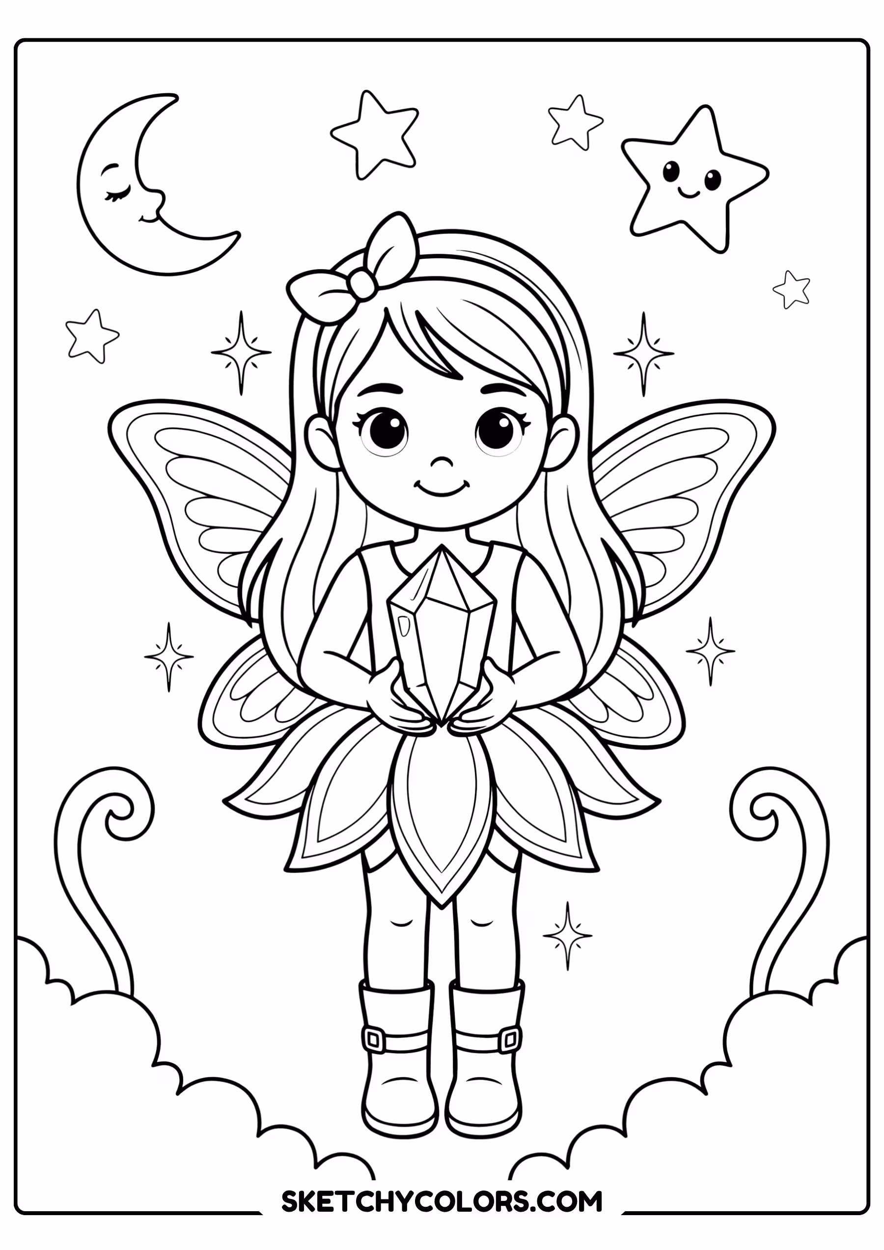 fairy coloring page magical crystal stars moons sparkles free printable for kids