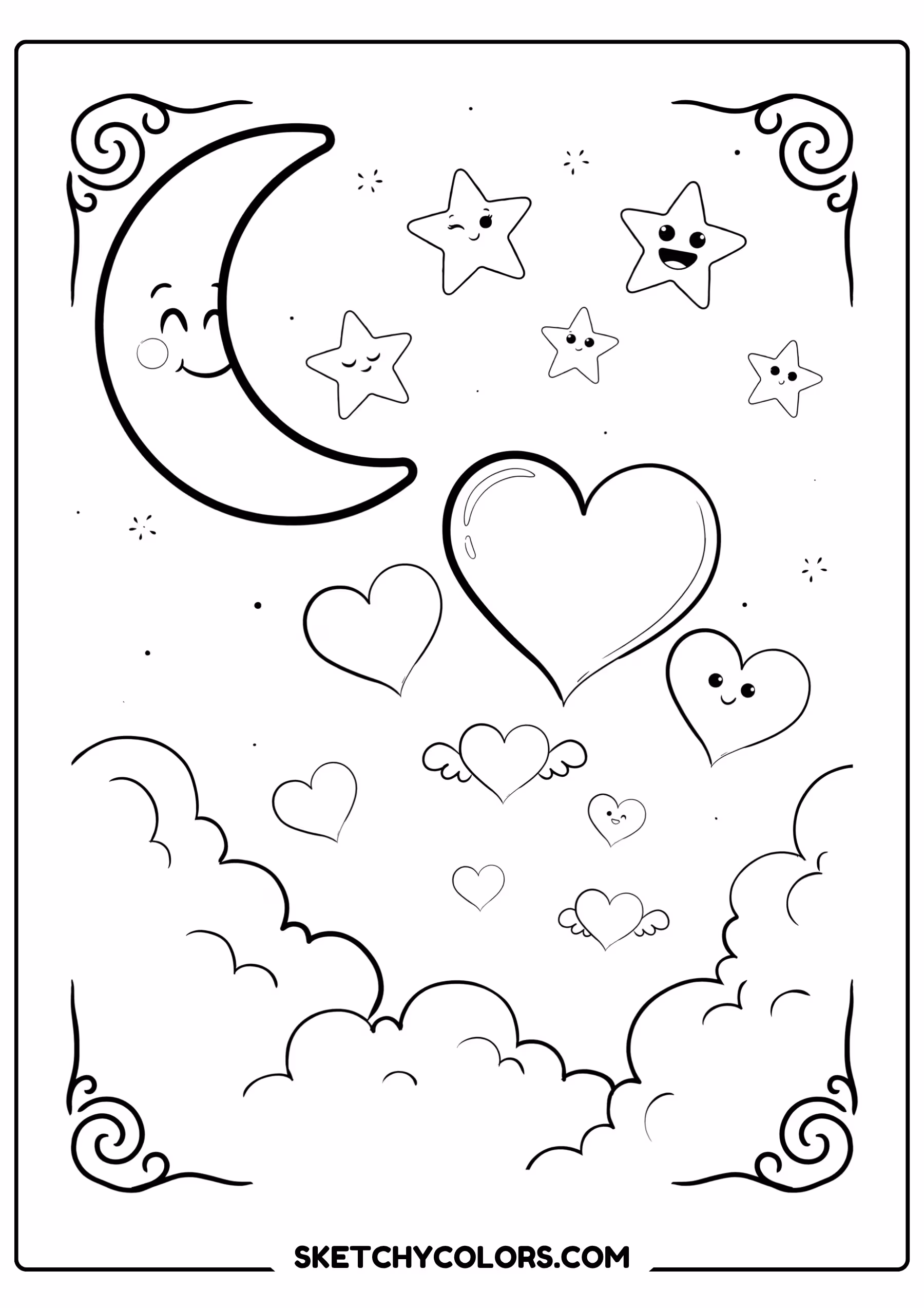 february coloring page moon stars hearts night free printable for kids