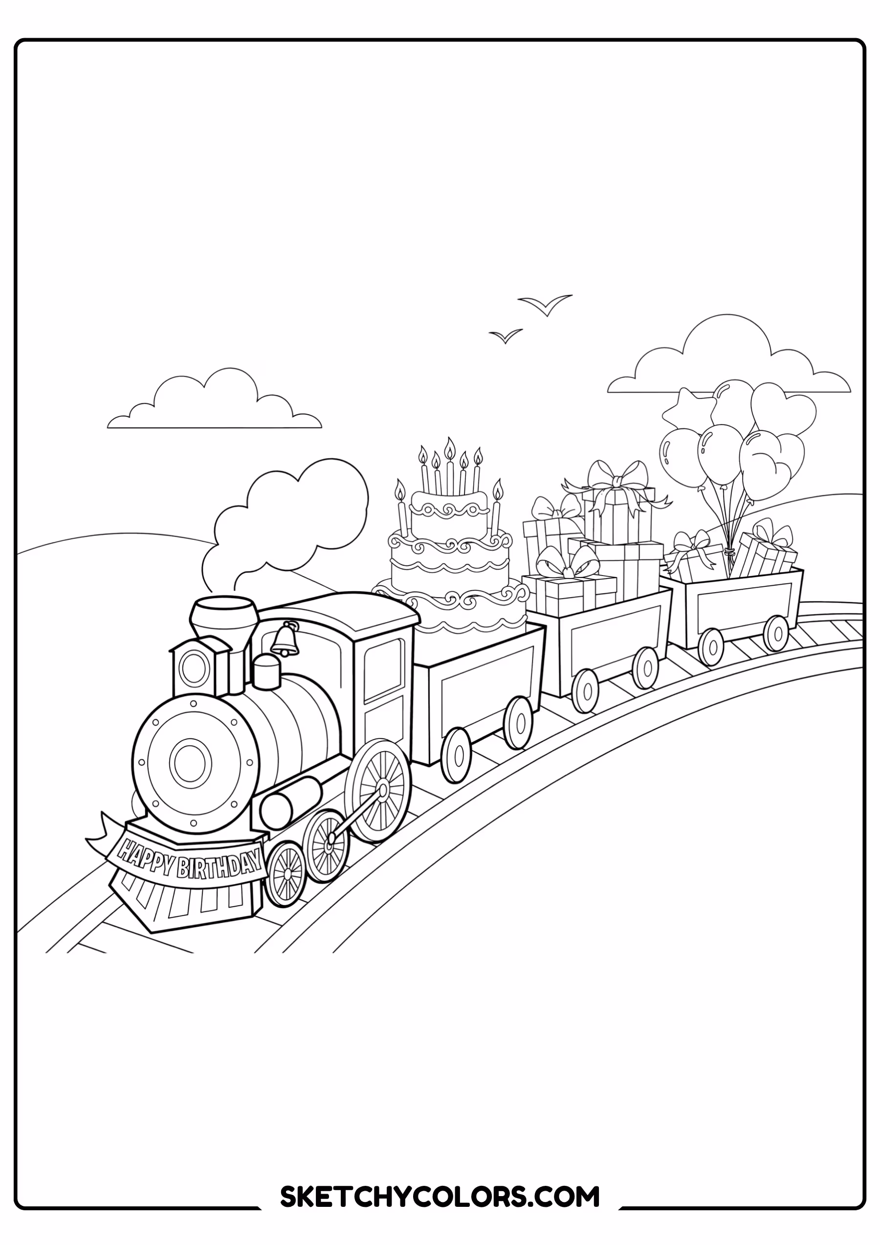 happy birthday coloring page birthday train cakes presents free printable for kids