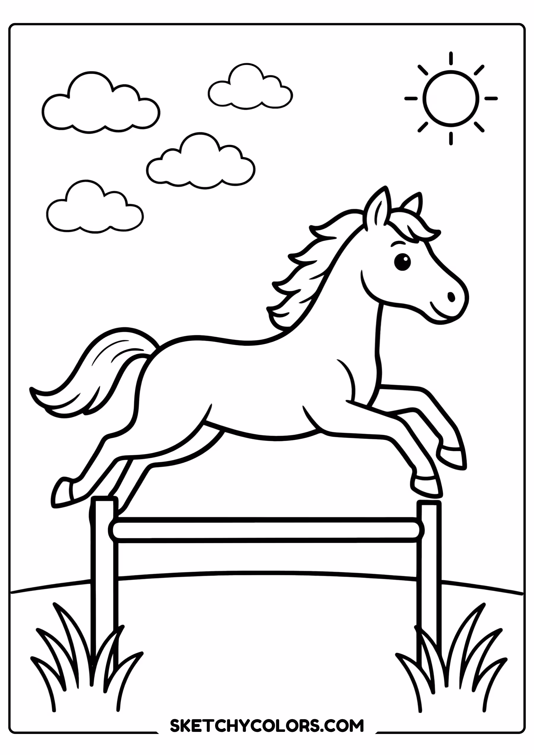 horse coloring page jumping obstacle training free printable for kids