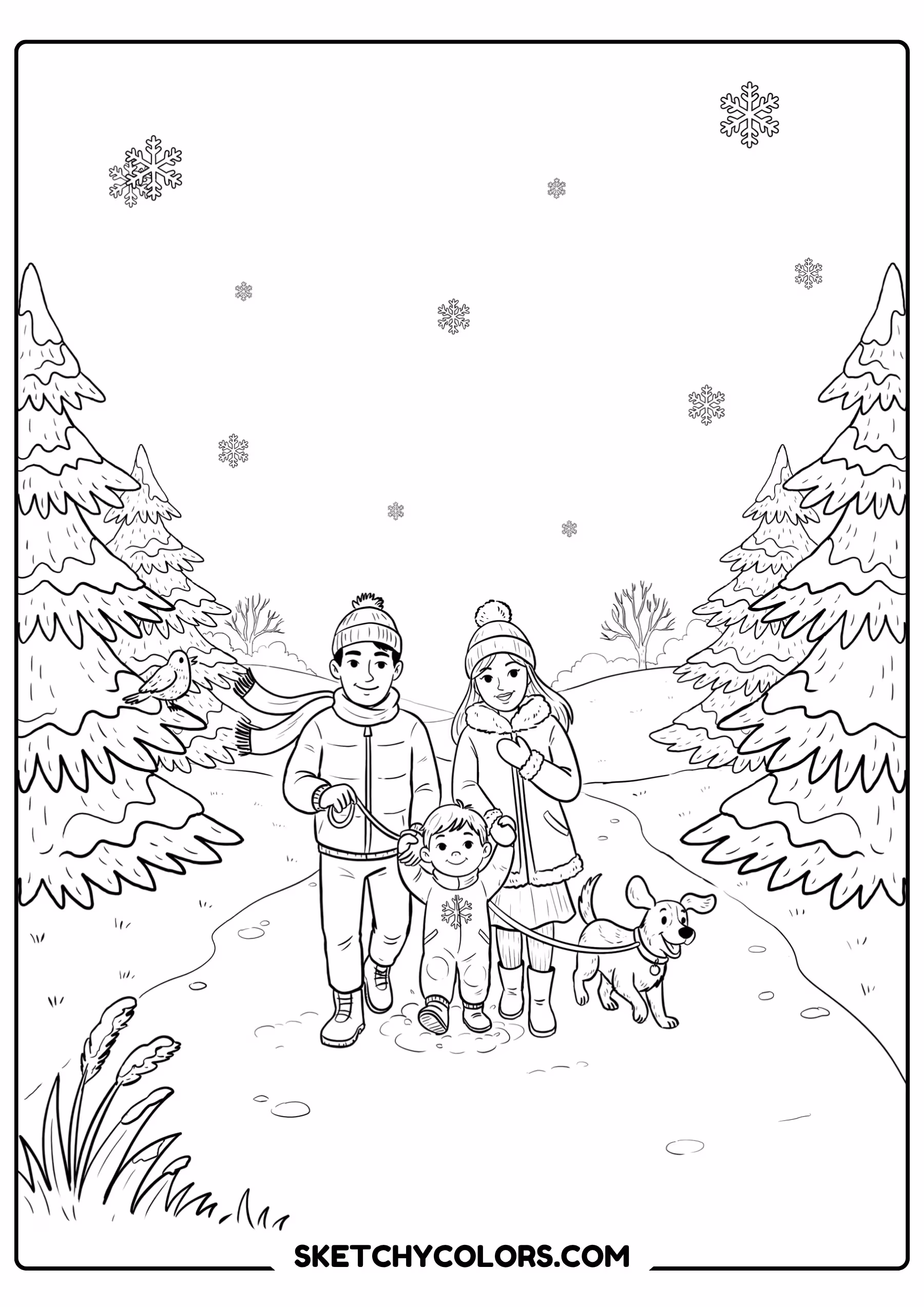 january coloring page family winter walk dog free printable for kids