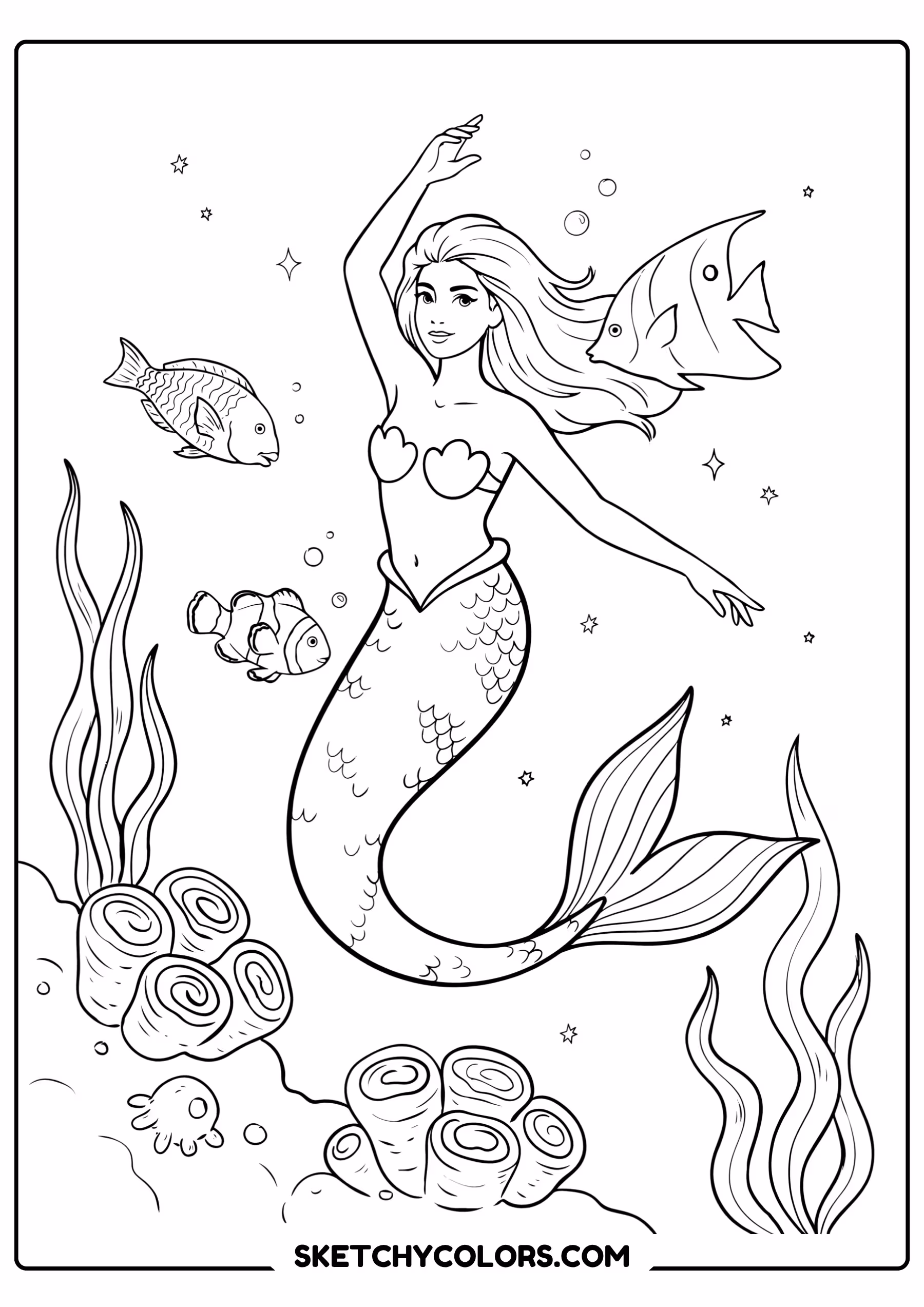 mermaid coloring page dancing tropical fish underwater free printable for kids