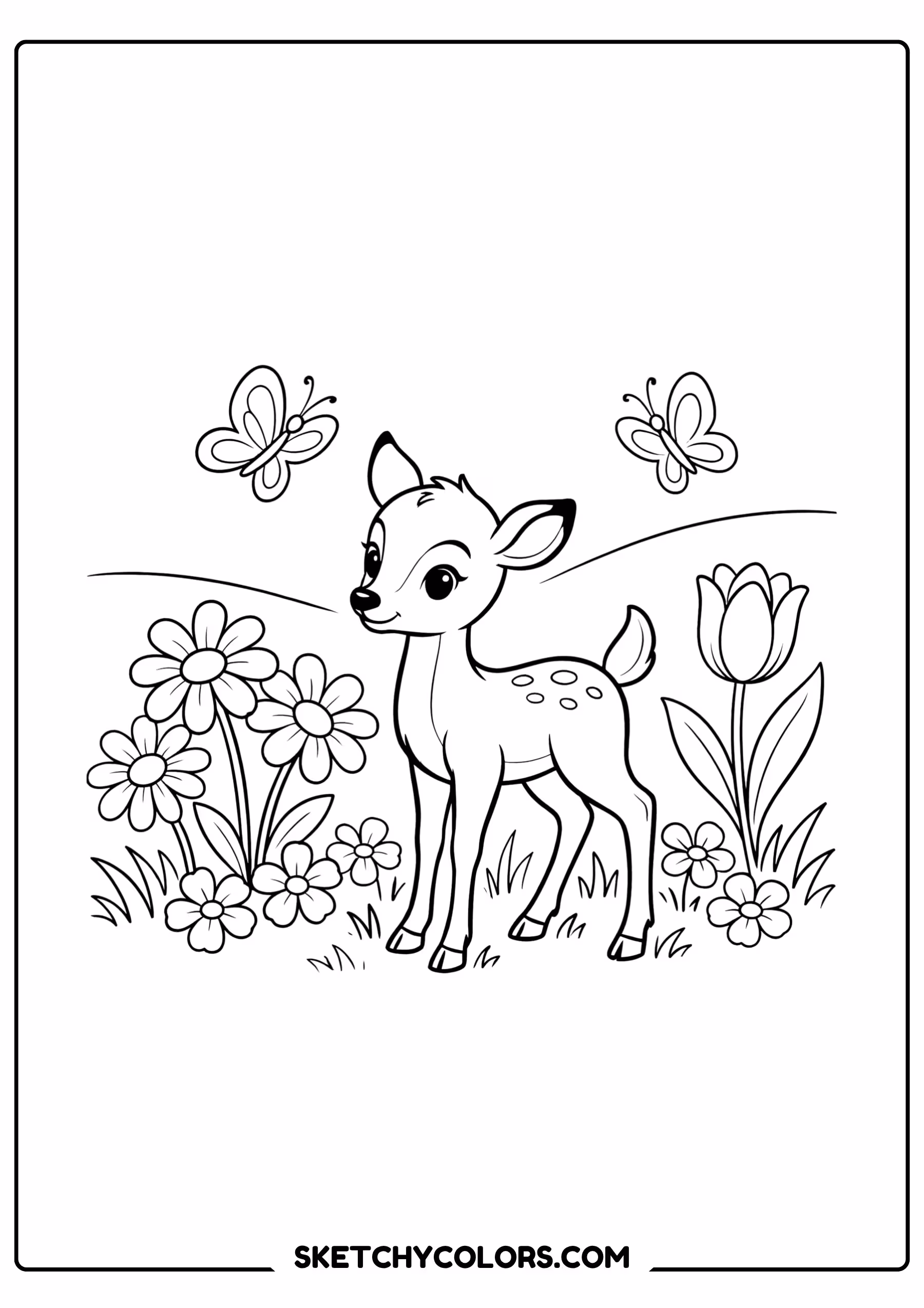 spring coloring page baby deer blooming flowers meadow free printable for kids