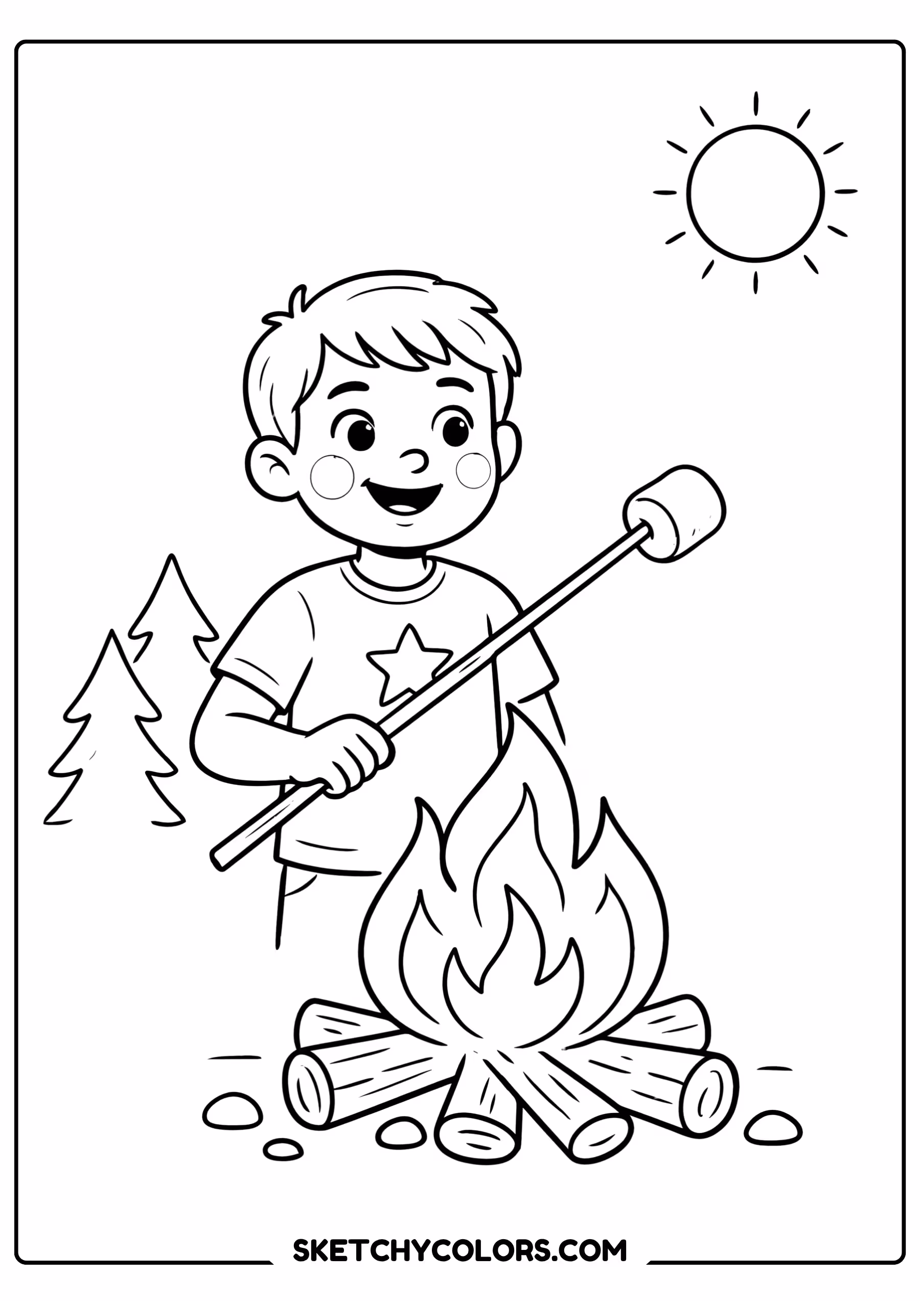 summer coloring page child campfire marshmallow roasting free printable for kids