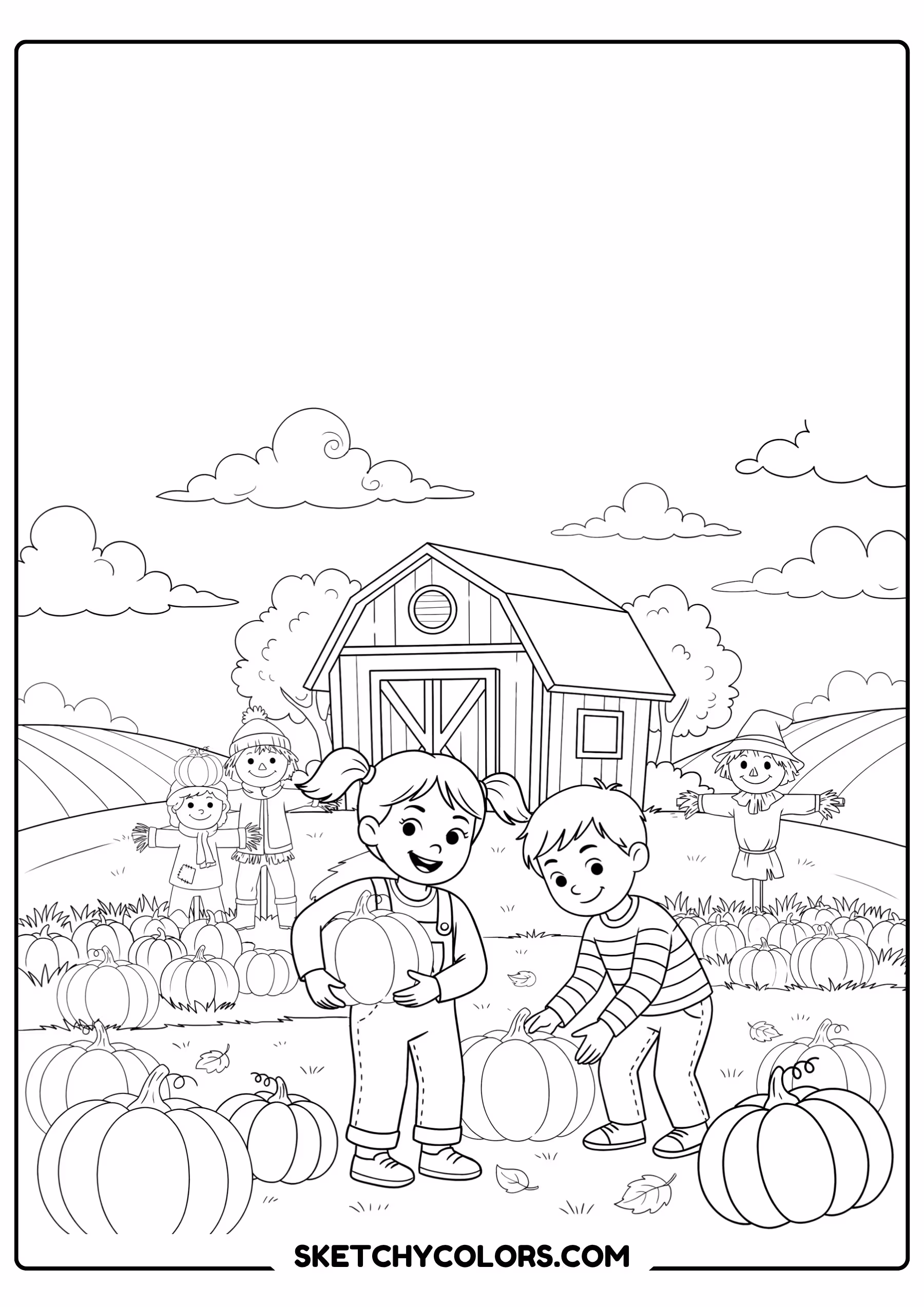 thanksgiving coloring page children harvest farm pumpkins free printable for kids