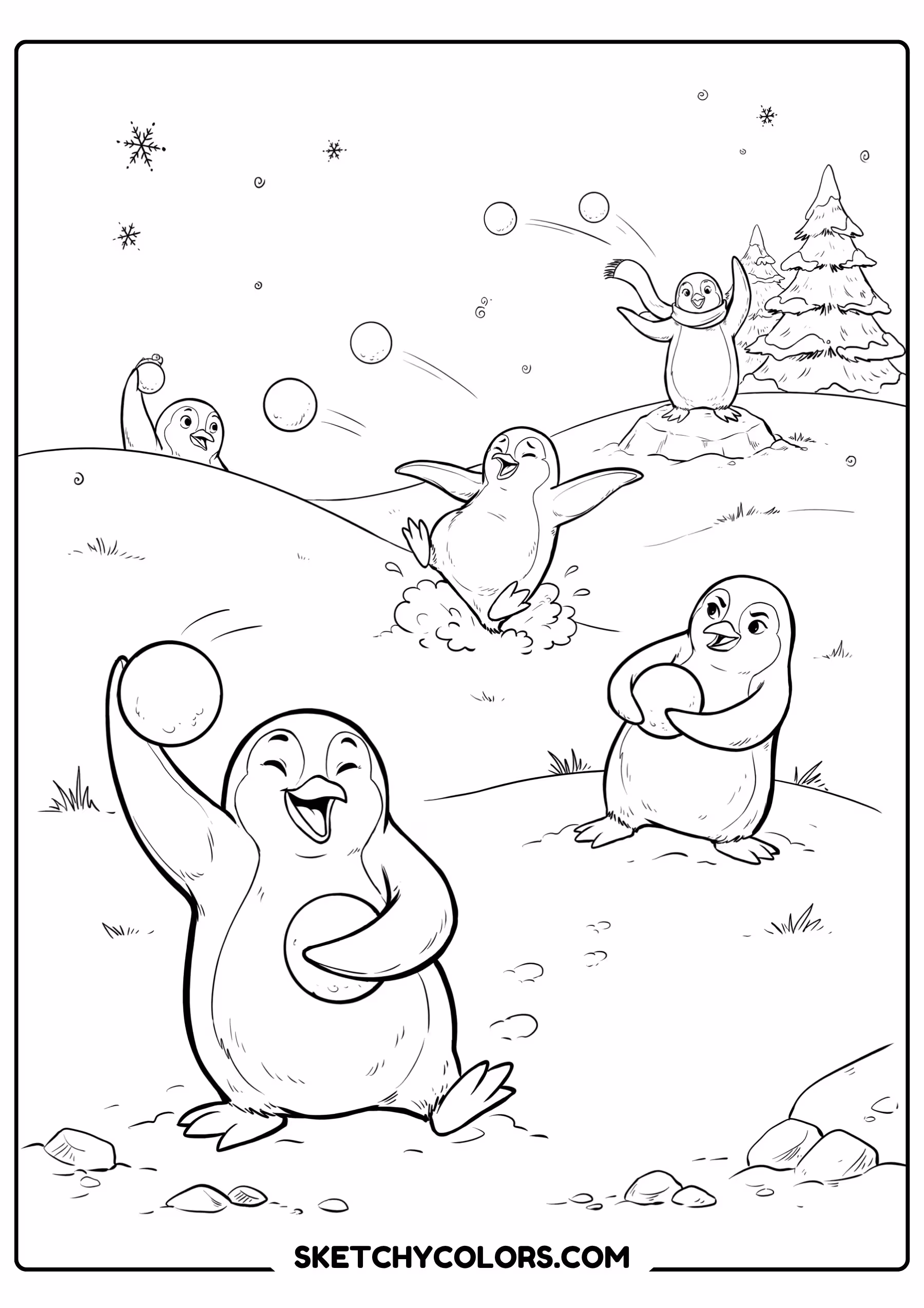 penguin snowball fight free pdf coloring page