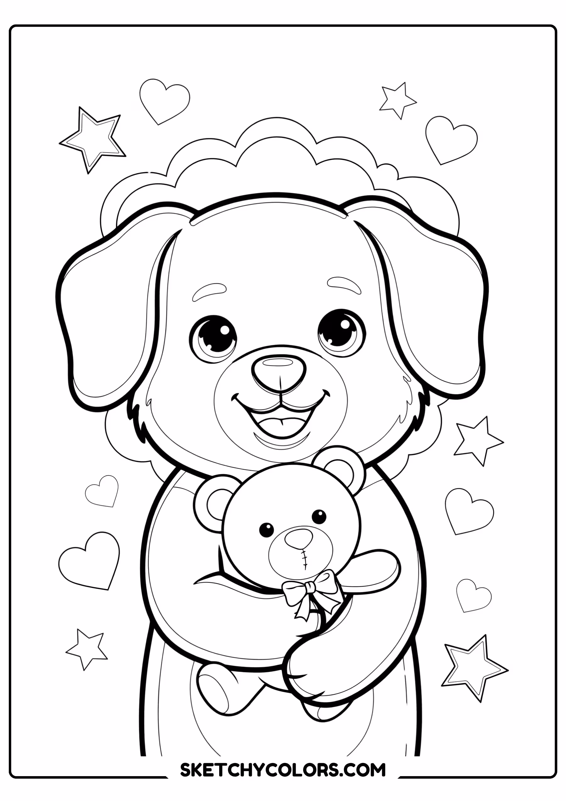 puppy hugging a teddy bear free pdf coloring page