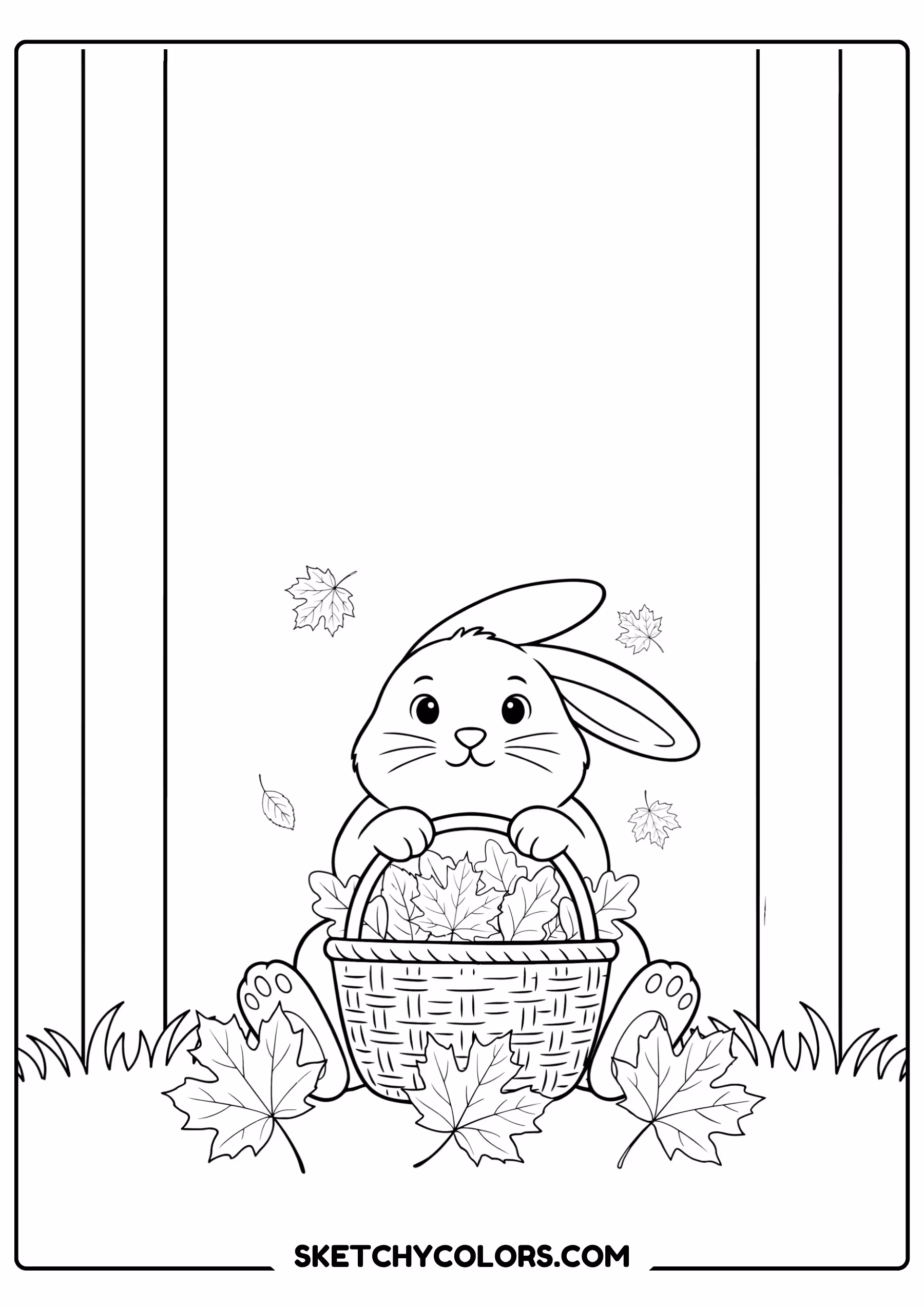 autumn coloring page bunny gathering leaves basket free printable pdf