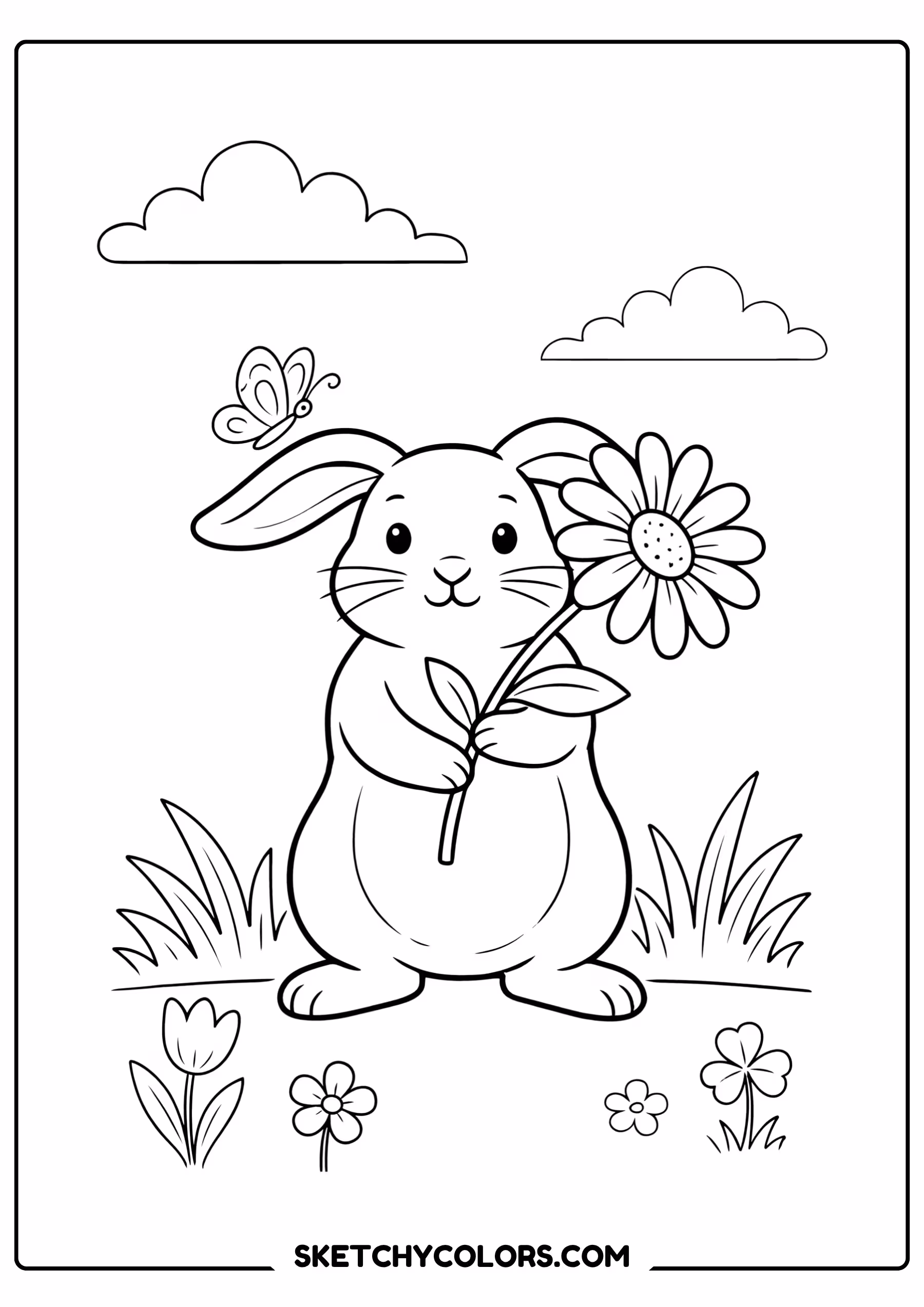 daisy coloring page rabbit holding daisy flower free printable pdf