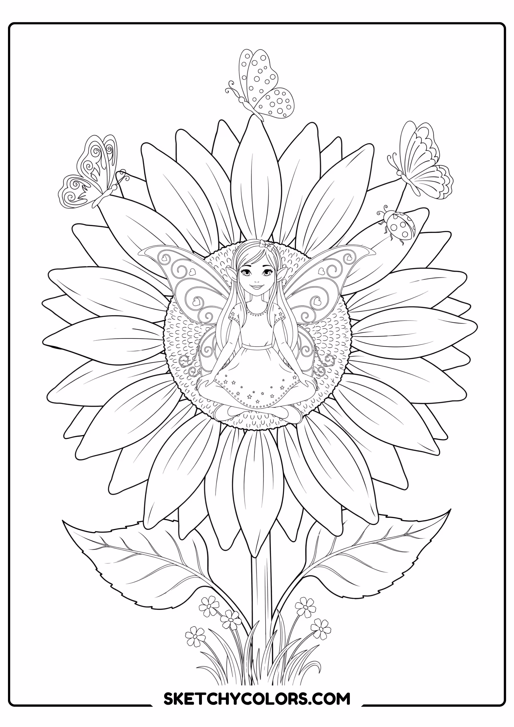 fairy coloring page giant sunflower butterflies smiling free printable pdf