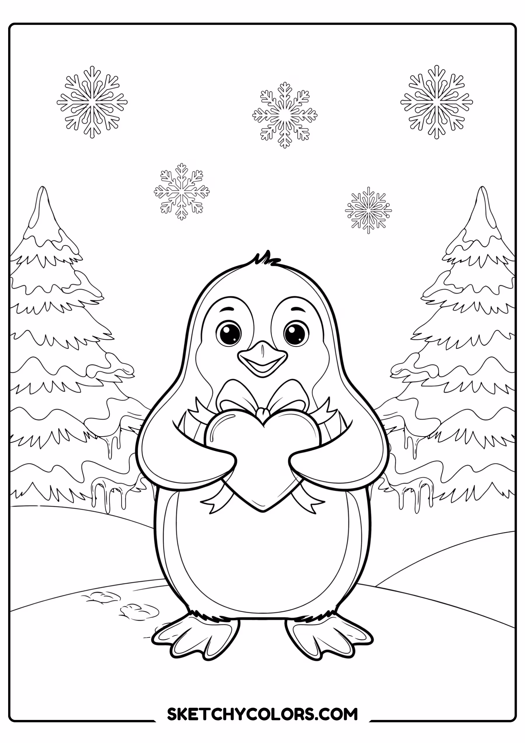 february coloring page penguin heart gift snow free printable pdf