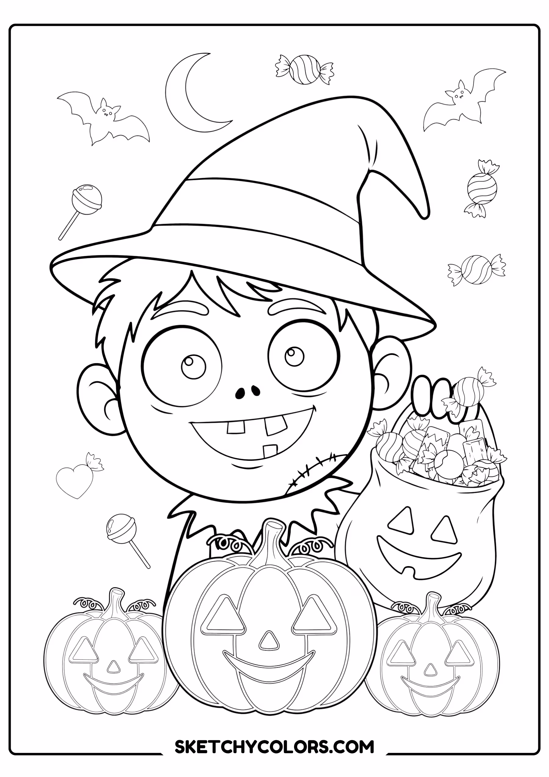 halloween coloring page zombie child trick-or-treat free printable pdf