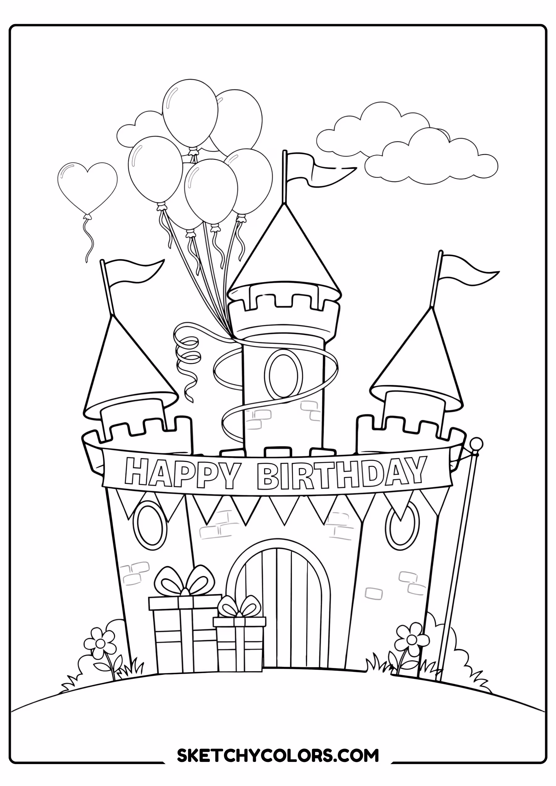 happy birthday coloring page birthday castle banners balloons free printable pdf
