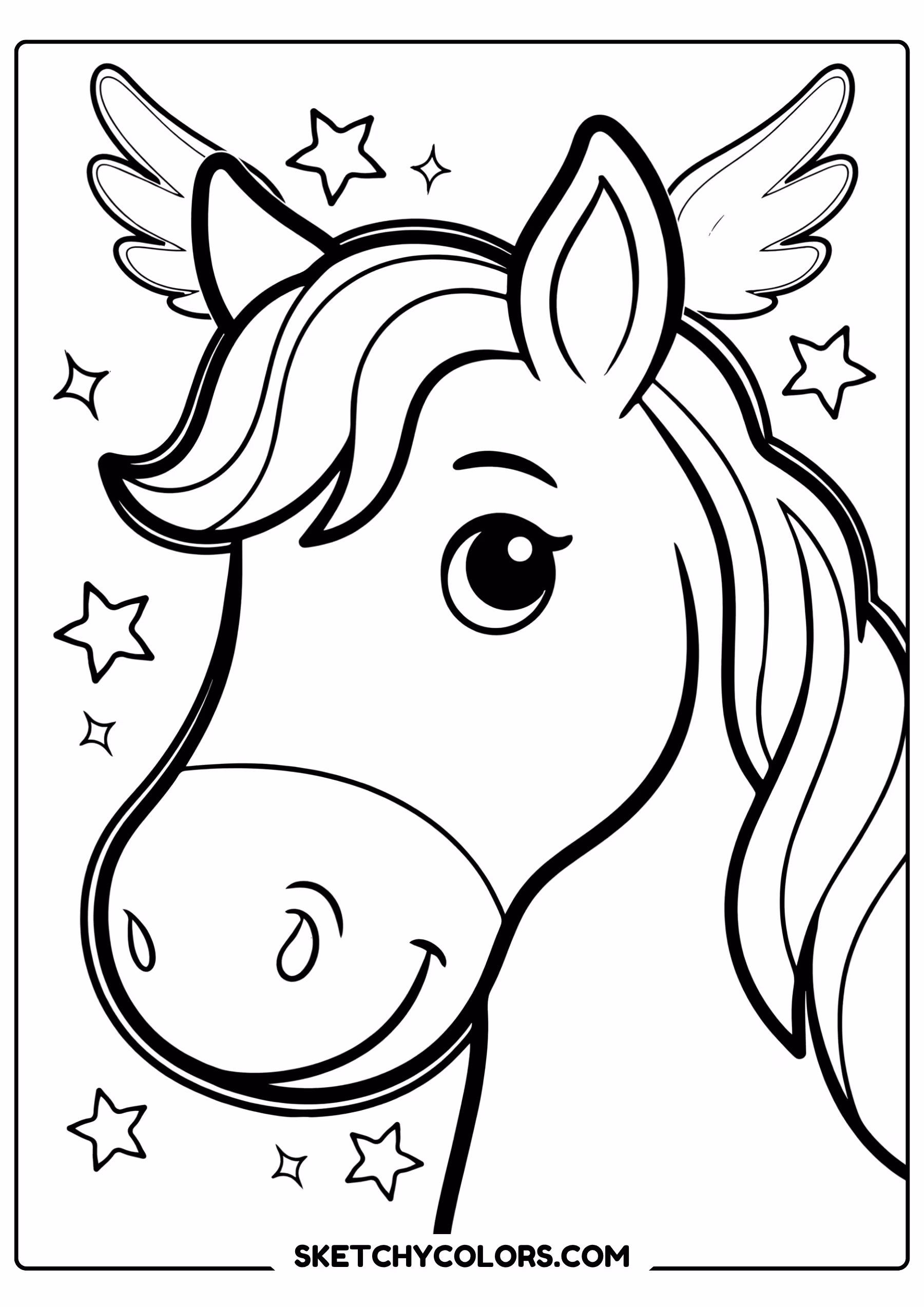horse coloring page fantasy wings stars free printable pdf