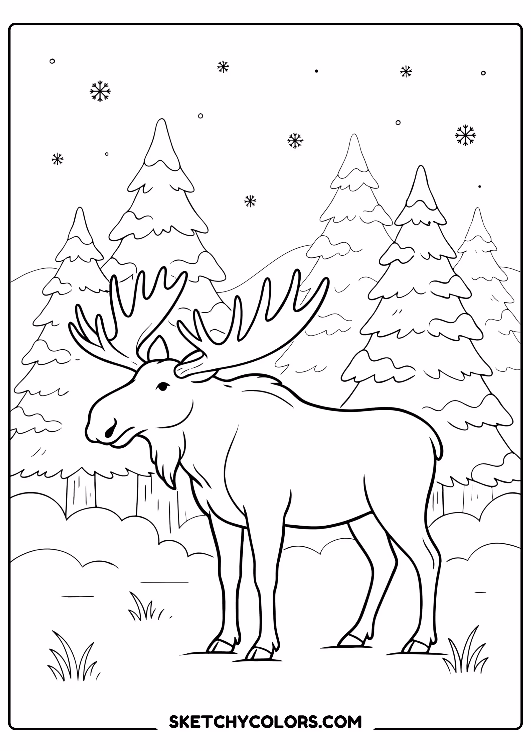 january coloring page moose snowy forest free printable pdf