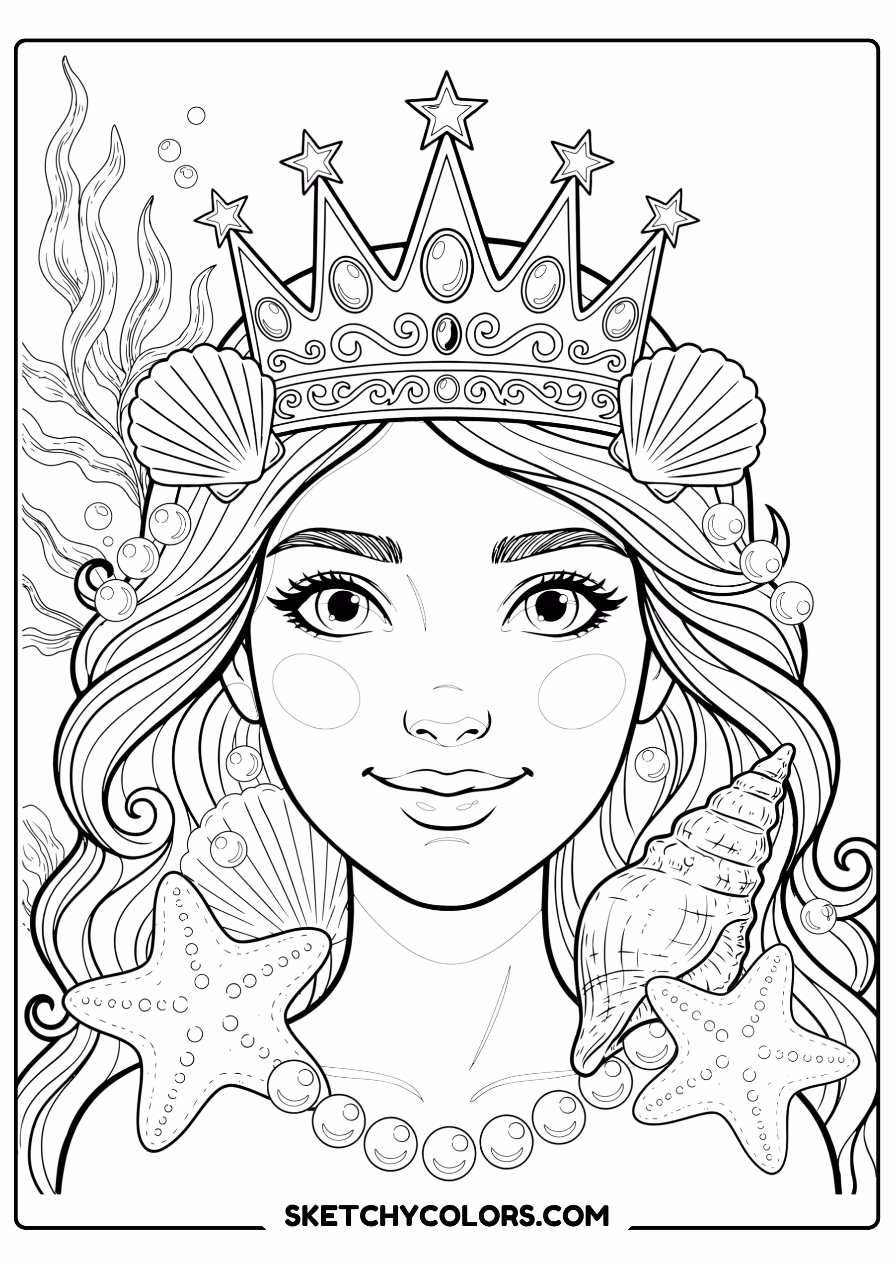 mermaid coloring page royal jeweled crown pearls starfish free printable pdf