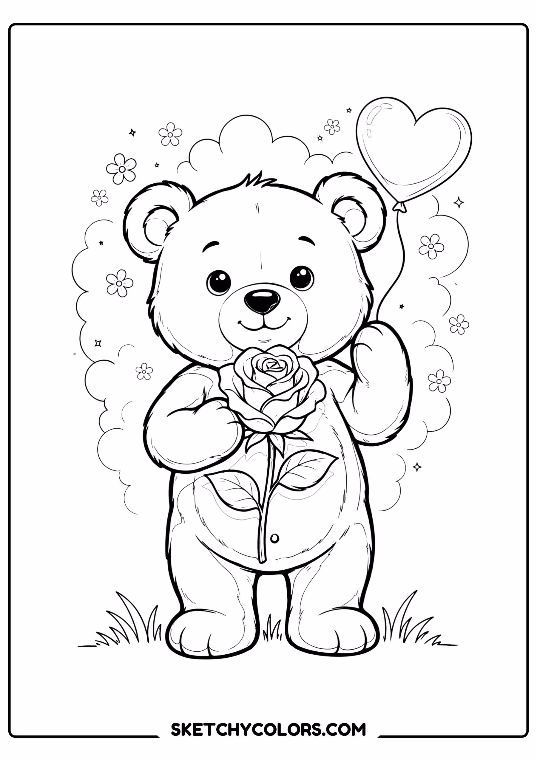 rose coloring page teddy bear holding rose cartoon free printable pdf
