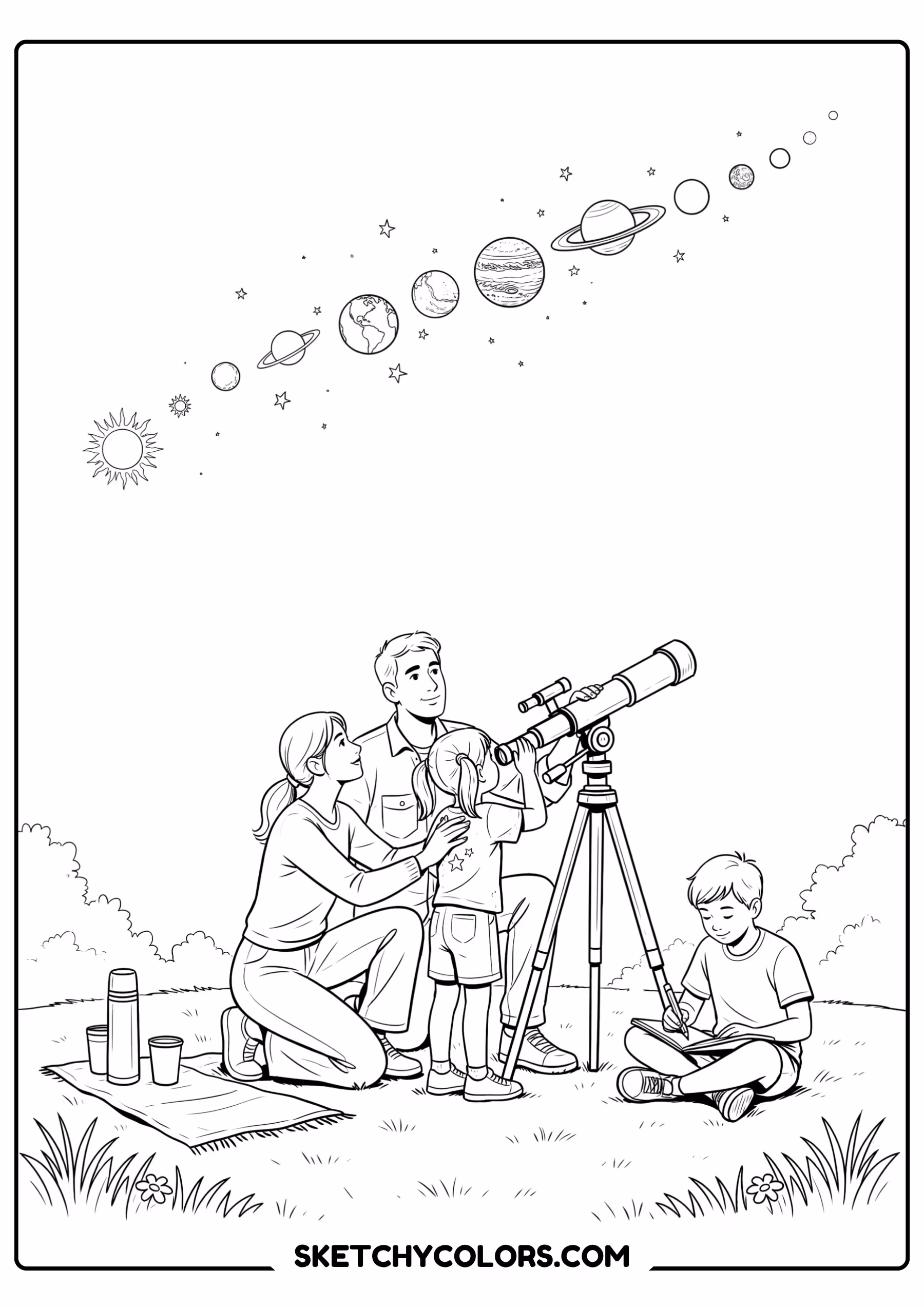 solar system coloring page family stargazing telescope free printable pdf