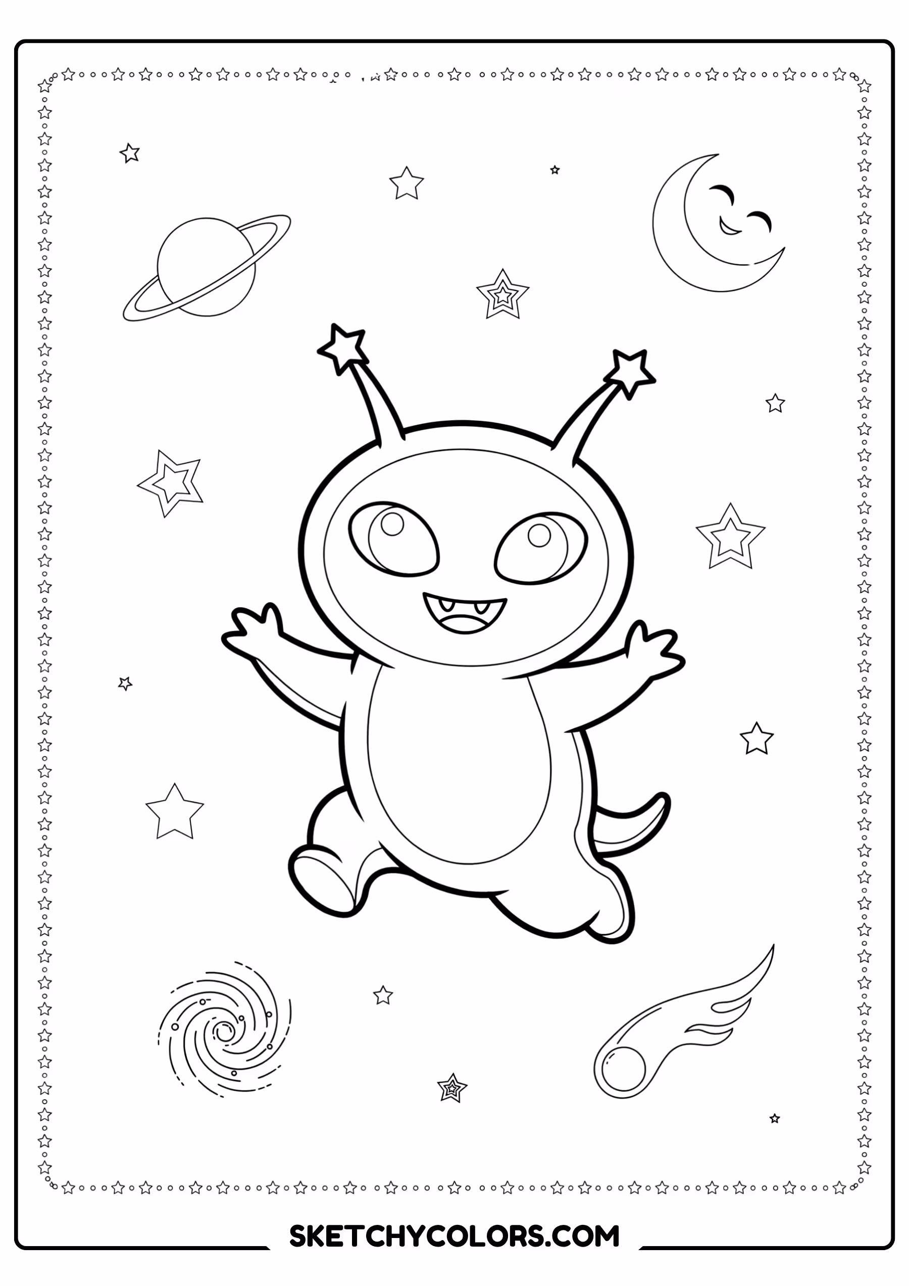 space coloring page alien pet zero gravity floating free printable pdf