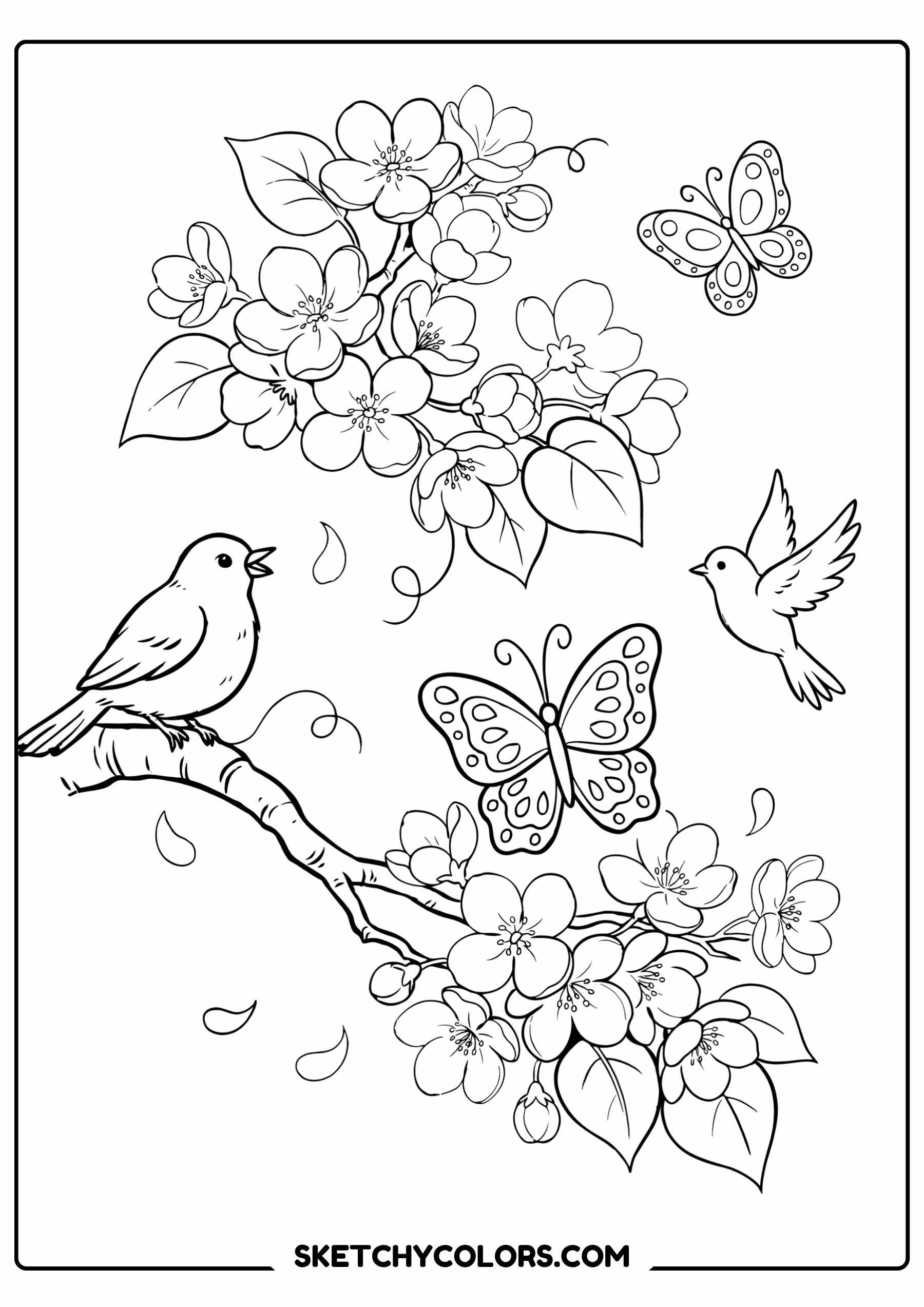 spring coloring page blossom tree birds butterflies free printable pdf