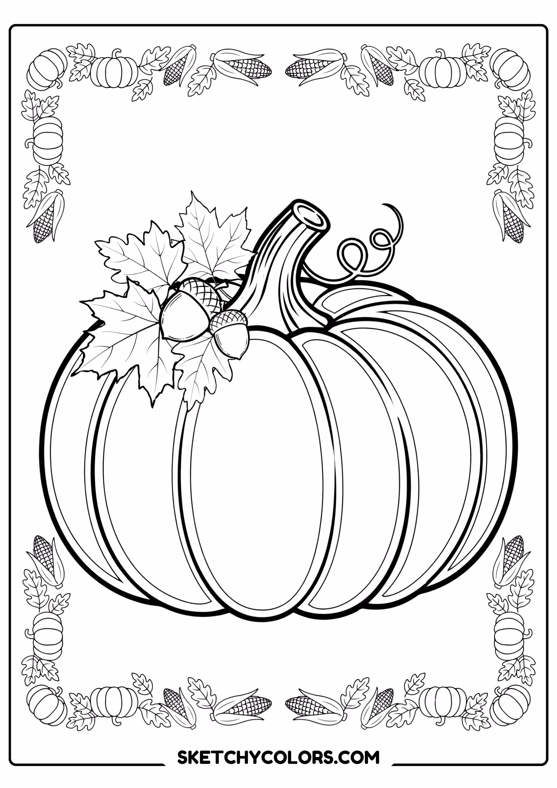 thanksgiving coloring page decorated pumpkin leaves acorns free printable pdf