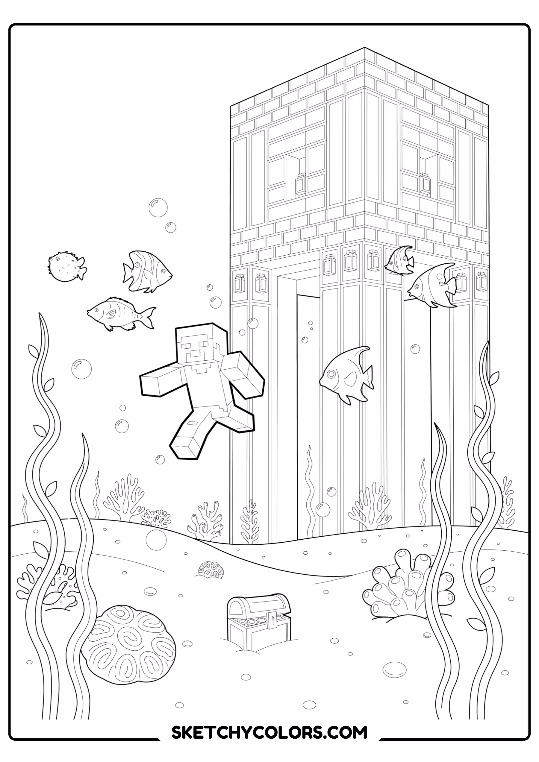 minecraft underwater adventure coloring sheet free printable